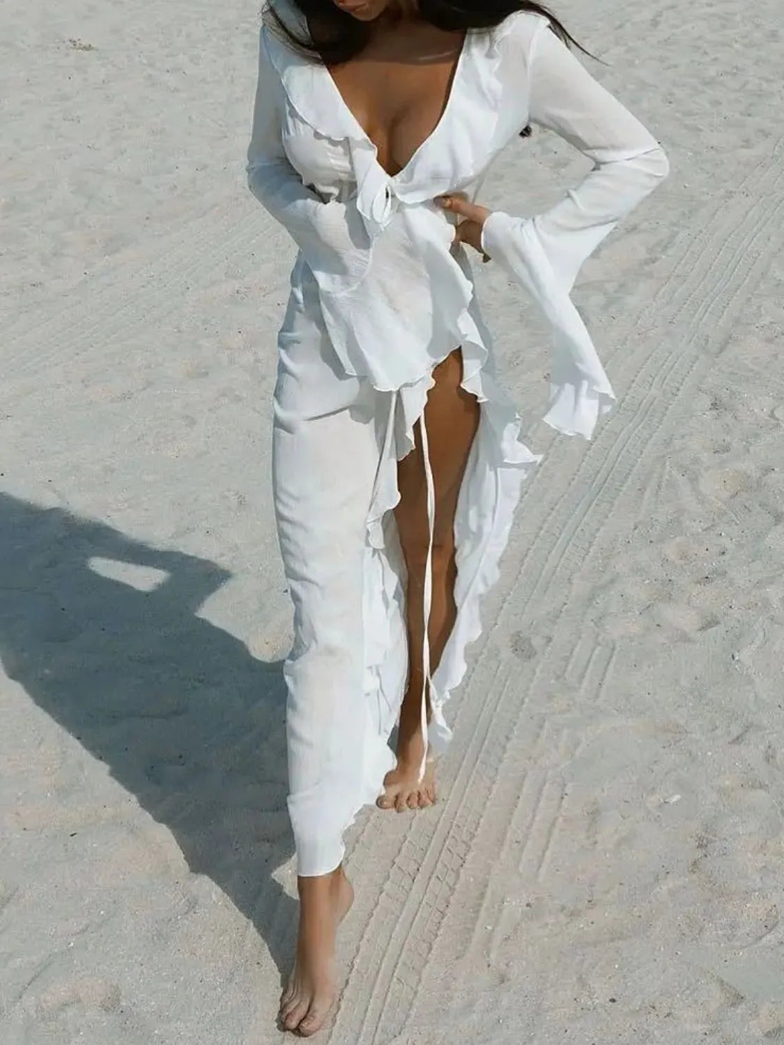 Elegant Ruffled Long Sleeve Beach Cover Up Dress - Flowy Summer Swimwear Coverup for Women, Perfect for Poolside, Vacation & Boho Outfits