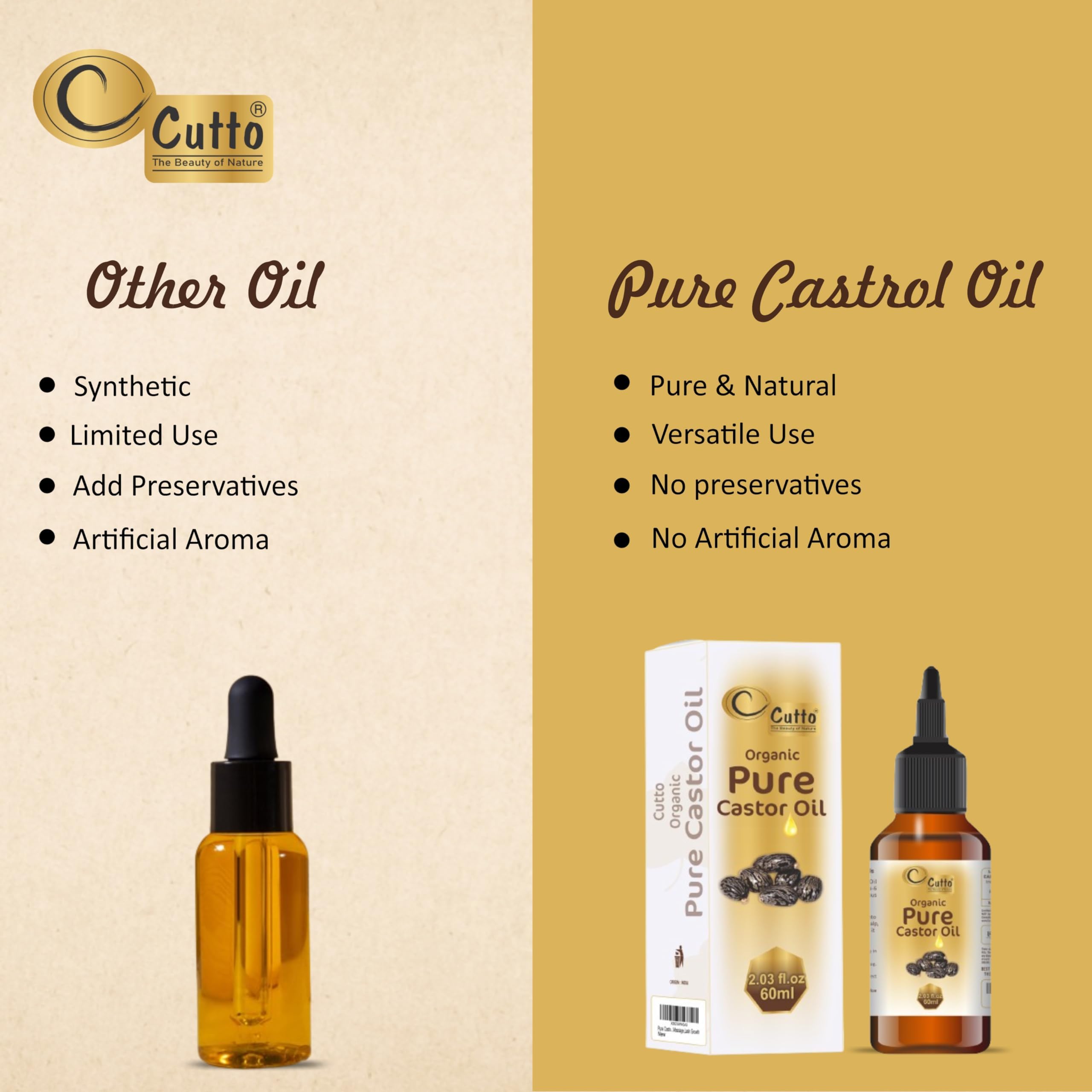 Organic Pure Cold-Pressed Castor Oil (60ml) - Hexane-Free, Non-GMO, Unrefined for Hair Growth, Eyelash & Eyebrow Enhancement, Dry Skin Moisturizer & Massage Oil | Natural Remedy for Scalp Care, Skin Healing & DIY Beauty Treatments