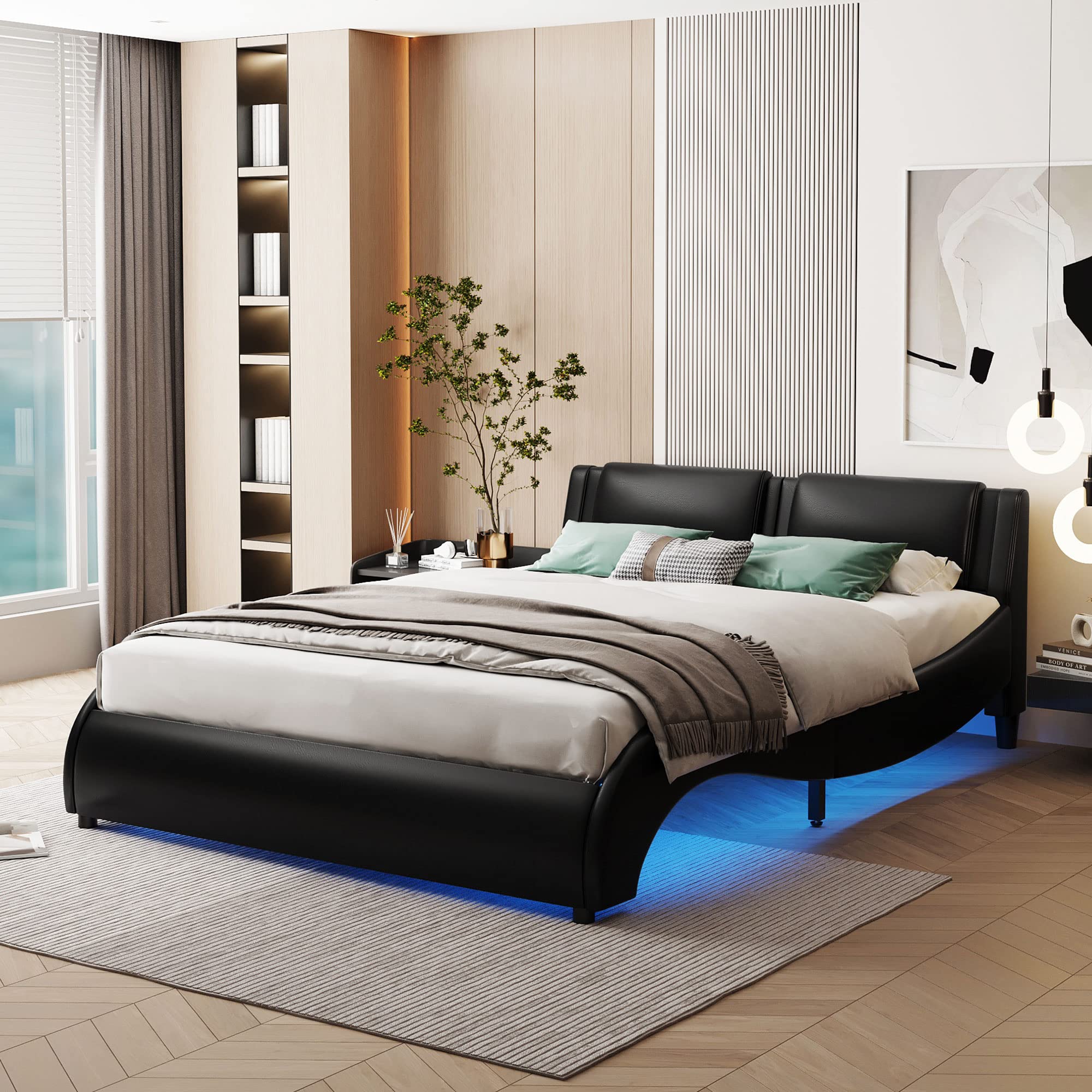 P PURLOVE Full Size Upholstered Faux Leather Platform Bed Frame with LED Lights & Slatted Support - No Box Spring Needed, Modern Bedroom Furniture for Small Spaces (Black) - Perfect for Contemporary Apartments, Dorm Rooms & Guest Bedrooms