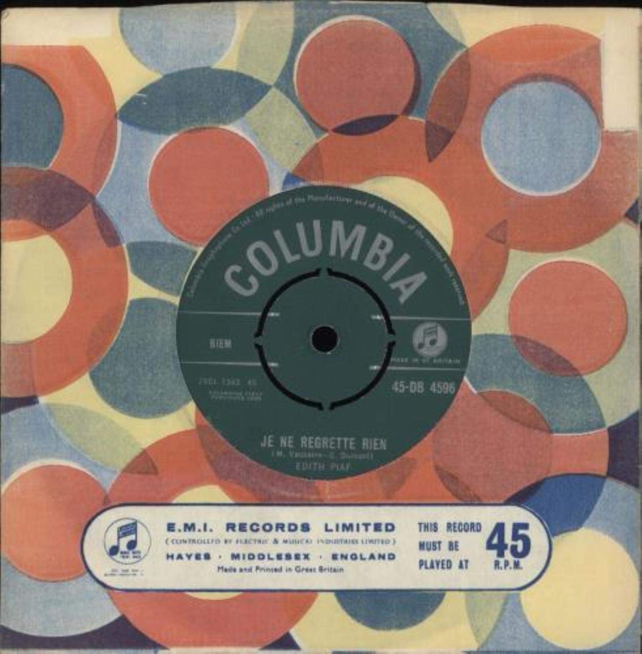 Edith Piaf - Non, Je Ne Regrette Rien Vintage 45 RPM Vinyl Record - Columbia C 21 725 / DW 5853 - Classic French Chanson for Collectors & Music Lovers - Perfect for Retro Music Nights & Vinyl Collections