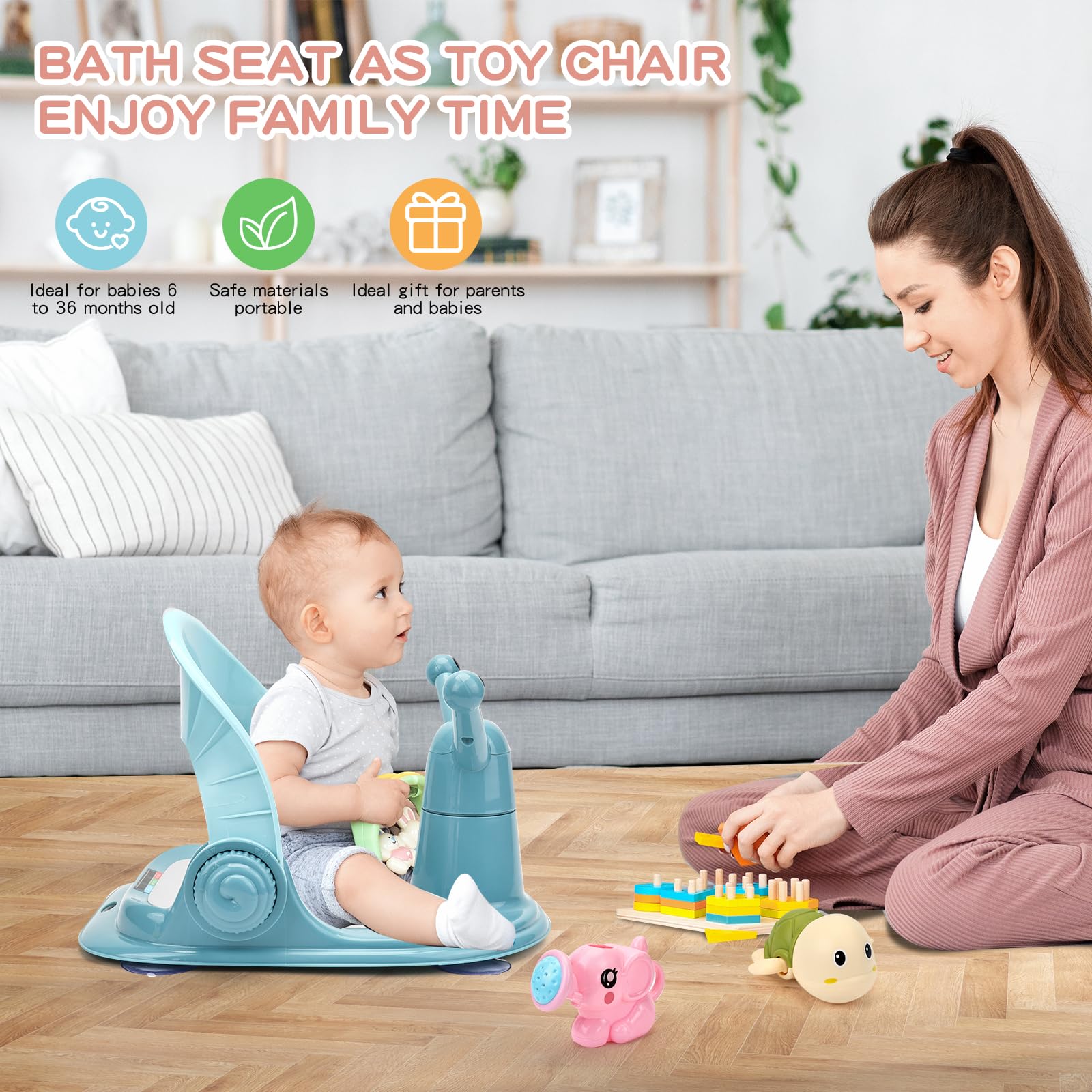 Non-Slip Baby Bath Seat with Thermometer & 4 Safety Suction Cups - Safe Infant Bathing Support for 6-12 Month Olds - Perfect for Newborns & Toddlers Summer Bath Time (Blue) - Ideal for Bathtub Safety & Hands-Free Baby Care