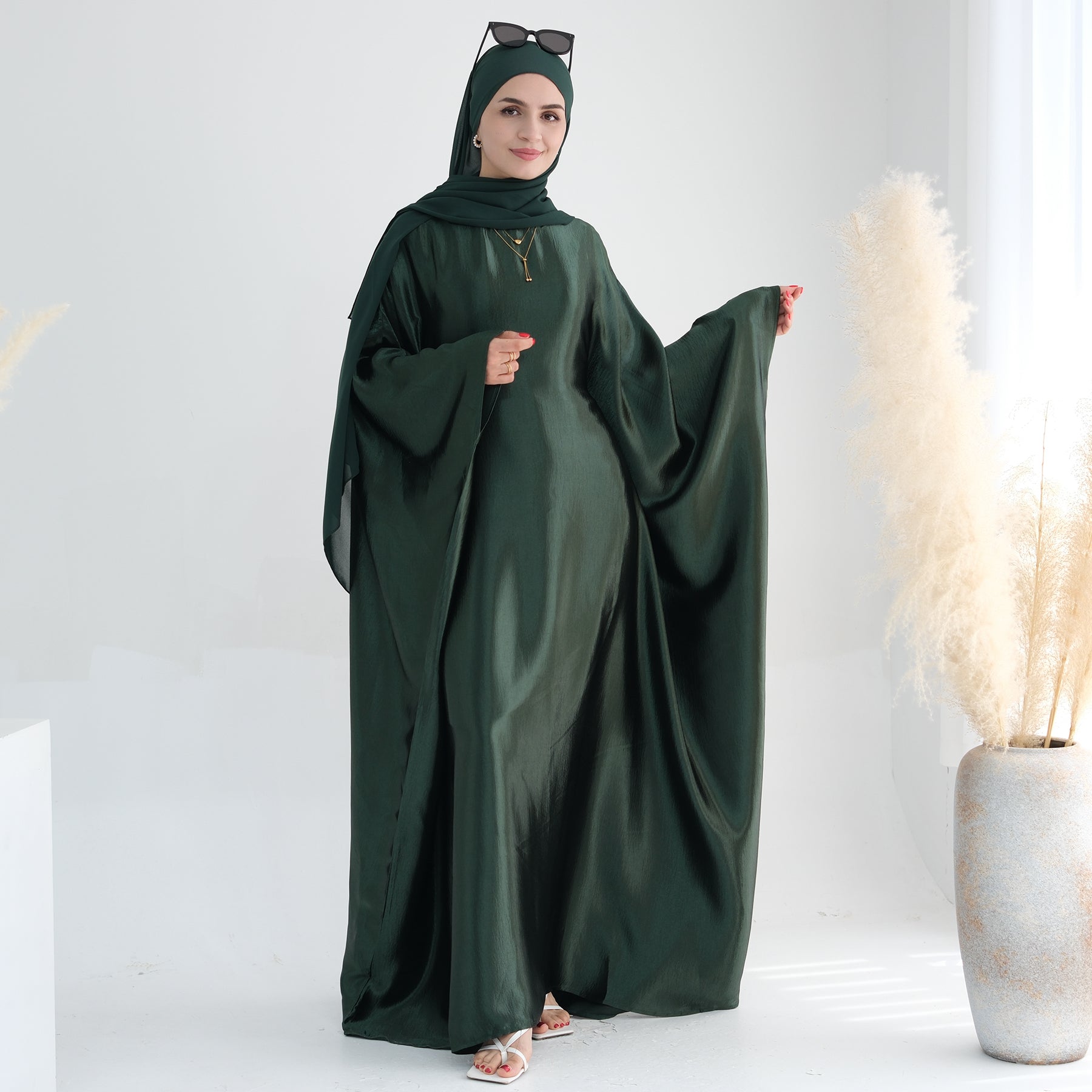 Elegant Alisha Butterfly Satin Abaya Dress for Women - Modest Islamic Prayer Gown - Perfect for Eid, Ramadan, and Special Occasions