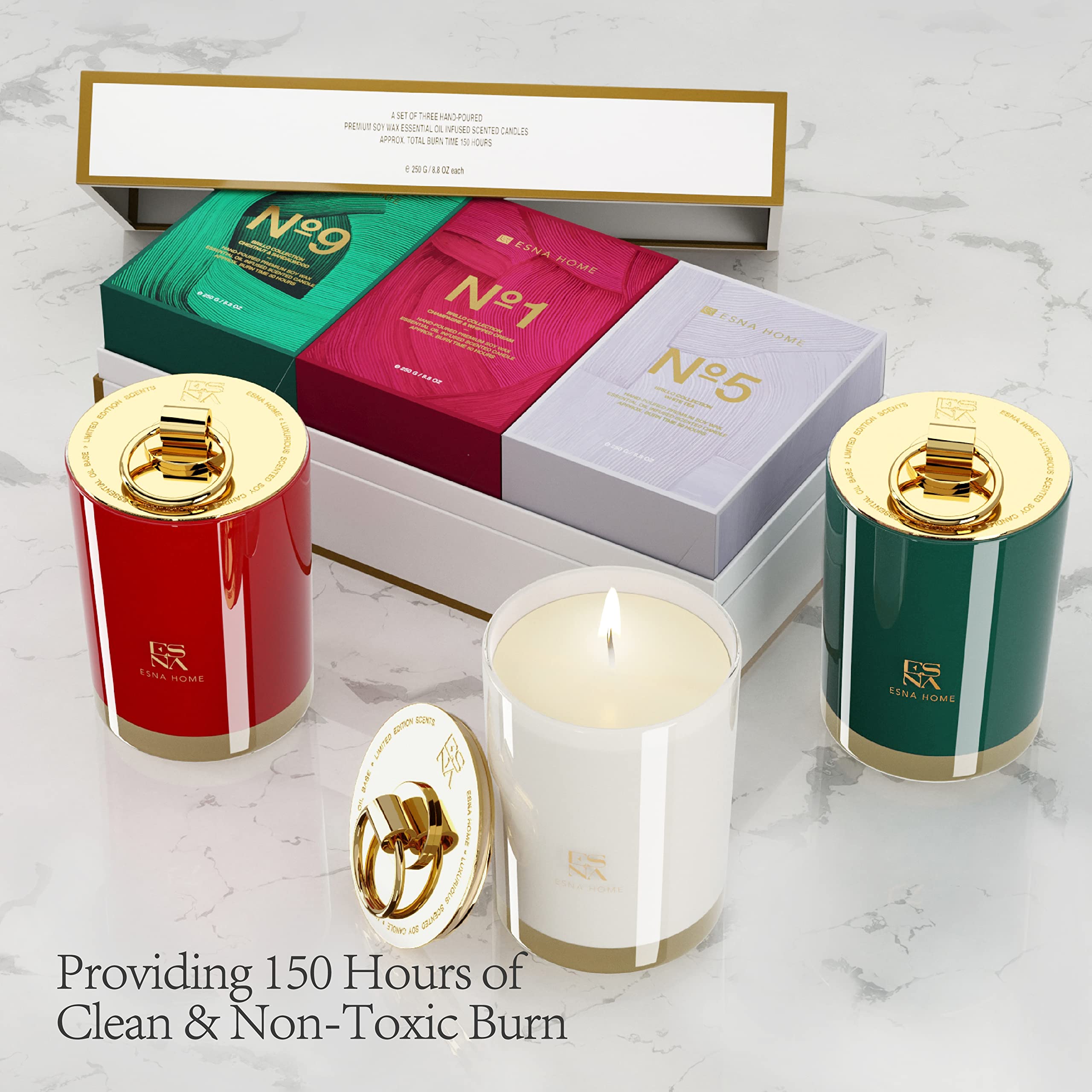 ESNA HOME Luxury Trio Gift Set - 3 Full-Size Aromatherapy Soy Candles | All Natural Scented Candles with 150-Hour Clean Burn | Perfect Holiday Gift Set in Hand-Sealed Box & Matching Sleeve | Ideal for Home Relaxation, Spa Nights & Thoughtful Gifting