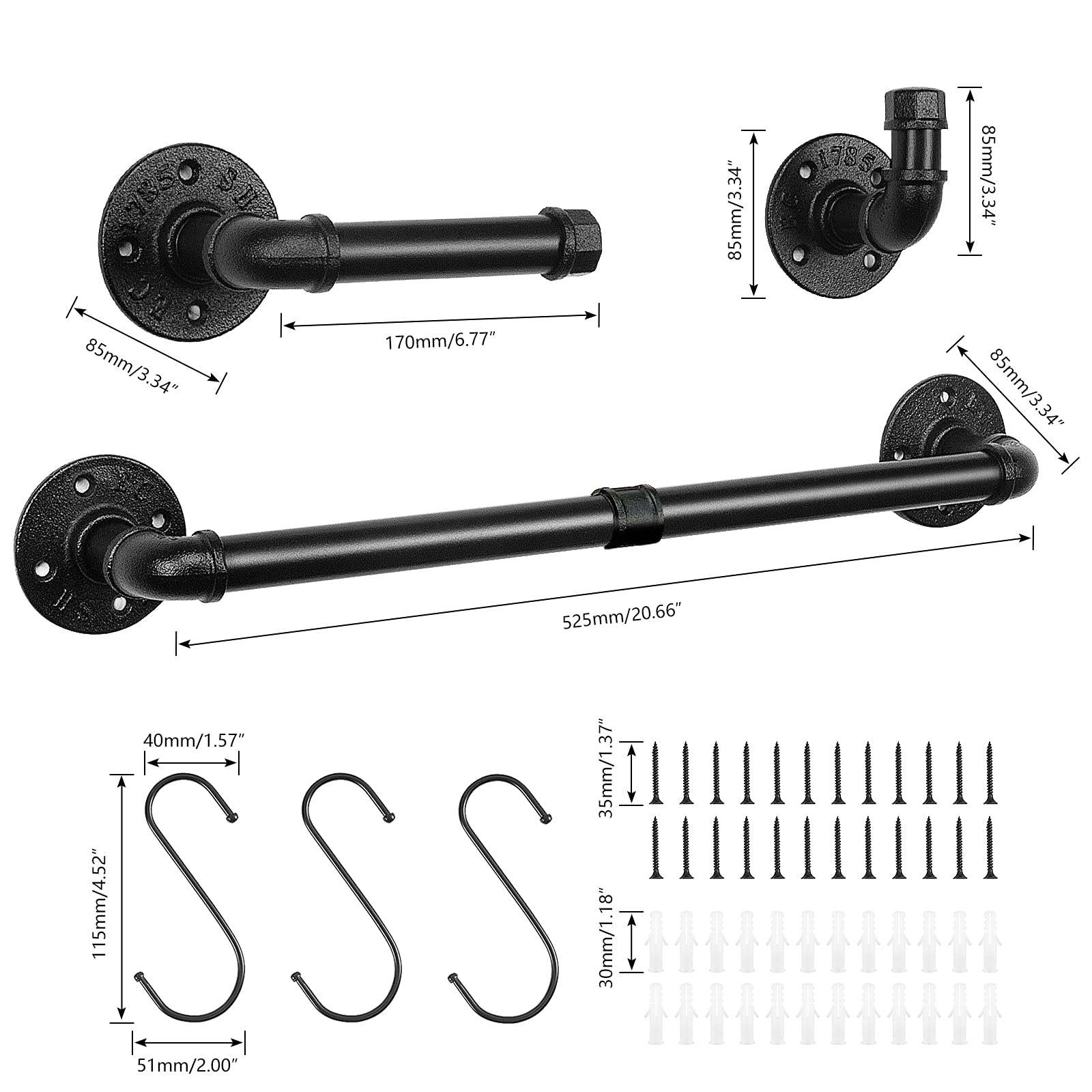 Industrial Iron Pipe Towel Rack Set - 5 Piece Bathroom Accessories Kit with Wall-Mounted Towel Bar, Toilet Paper Holder & 3 Robe Hooks (Black, 18 Inch) - Perfect for Modern Farmhouse, Loft & Industrial Style Bathrooms
