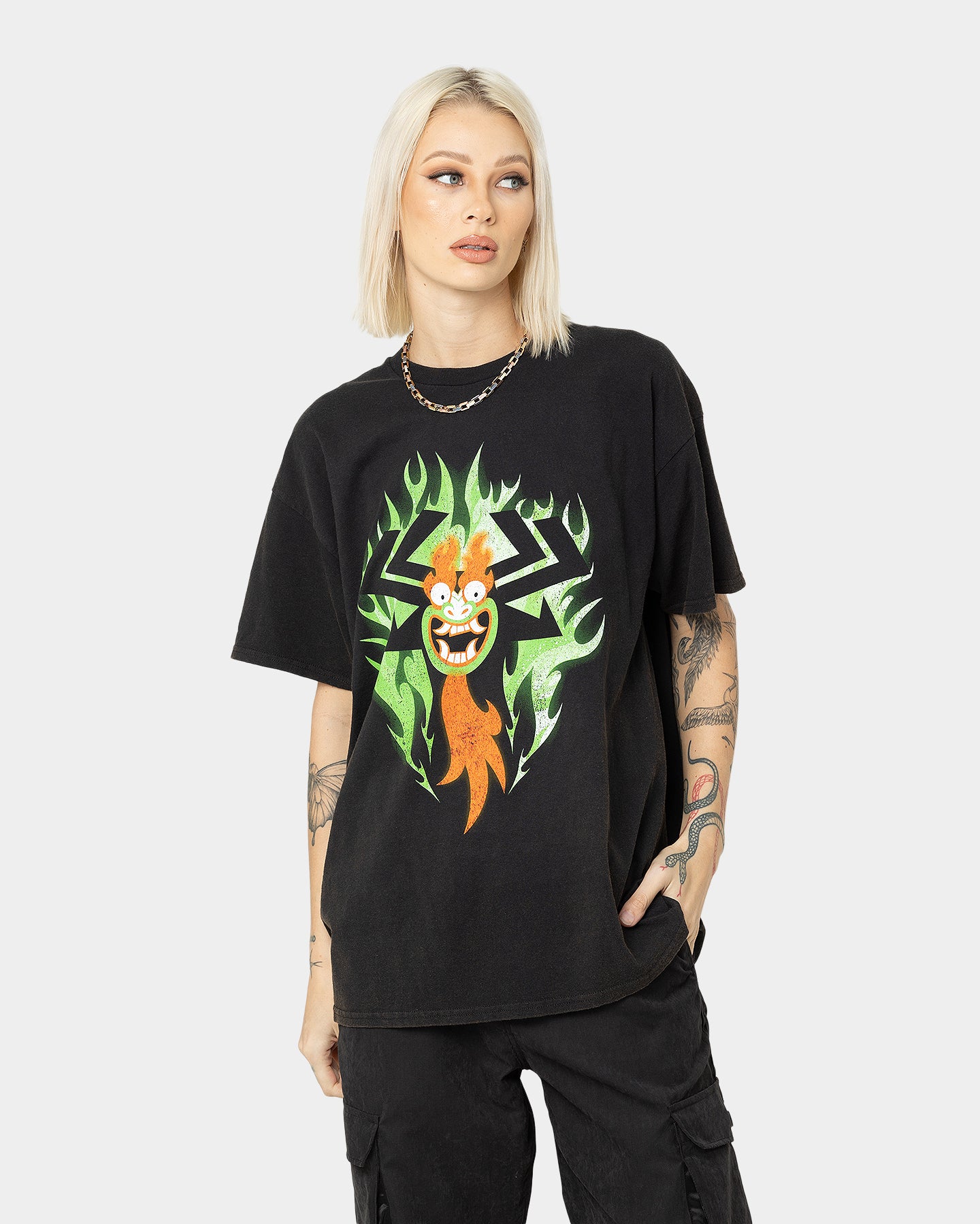 Samurai Jack Aku Graphic T-Shirt - Black Vintage Wash - Anime Cartoon Tee for Men & Women - Perfect for Cosplay, Casual Wear, and Anime Fans
