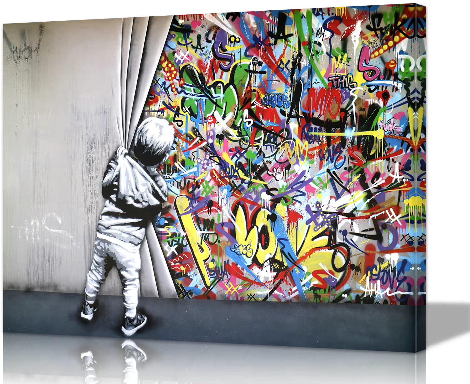 Banksy Behind The Curtain Canvas Print - Framed Graffiti Wall Art, Colorful Street Pop Art for Living Room & Bedroom Decor (24x36 Inches) - Perfect for Urban Style Home & Office Wall Decor