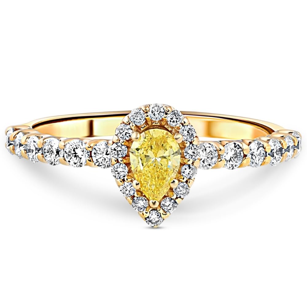 3/4CT Fancy Yellow Pear Lab Grown Diamond Halo Engagement Ring in 14K Yellow Gold - Perfect for Proposals, Anniversaries & Bridal Jewelry