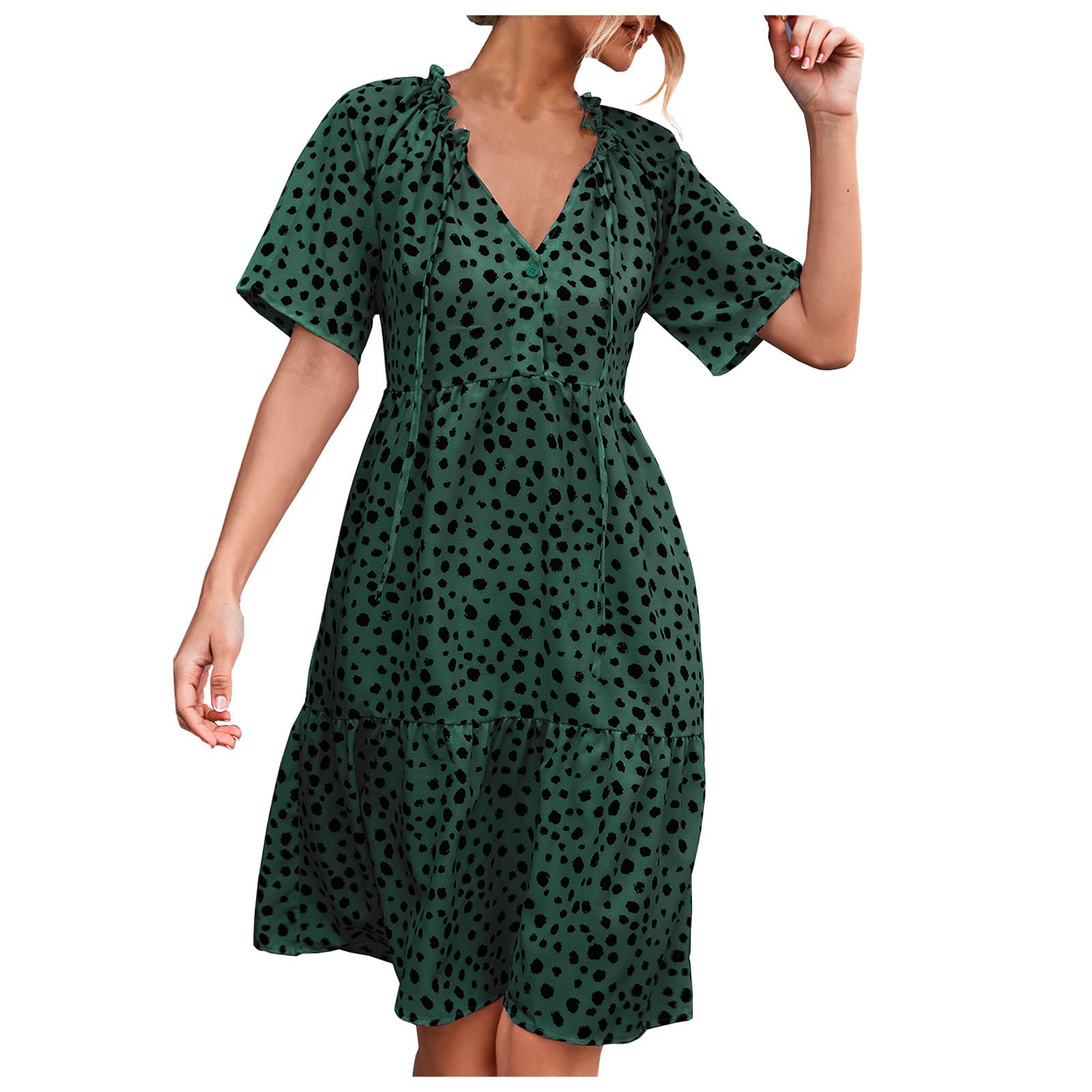 2024 Women's Summer Casual Sexy Short Sleeve V-Neck Ruffle Trim Dot Print Swing Dress with Belt & Side Slit - Perfect for Beach Vacations, Date Nights and Summer Parties