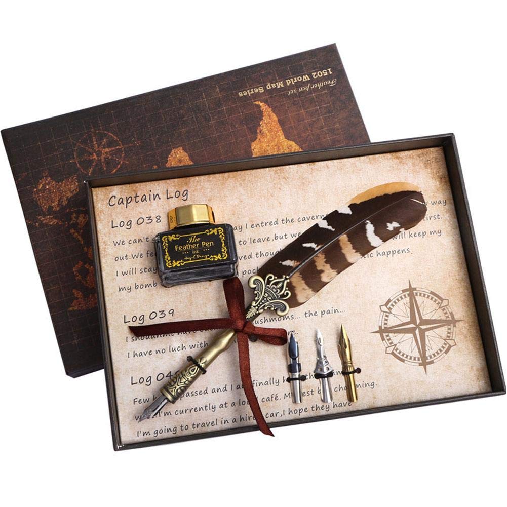 Vintage Quill Pen Set for Calligraphy Writing - Antique Fountain Dip Pen with 3 Nibs & Empty Ink Bottle - Perfect for Students, Teachers & Stationery Lovers - Ideal for Wedding Invitations, Journaling & Artistic Writing
