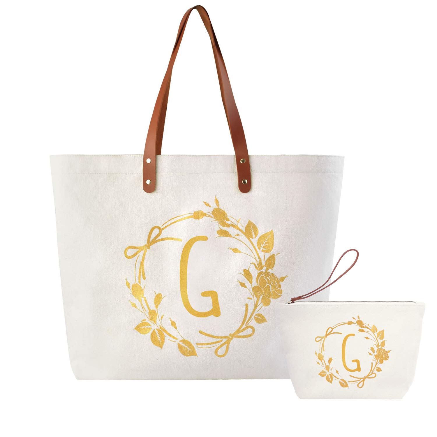 Personalized Monogrammed Canvas Tote & Makeup Bag Set for Women - Custom Initial Gifts for Wedding, Birthday, Teacher Appreciation - Travel Cosmetic Organizer & Fashion Accessory - Perfect for Daily Use, Vacation & Special Occasions