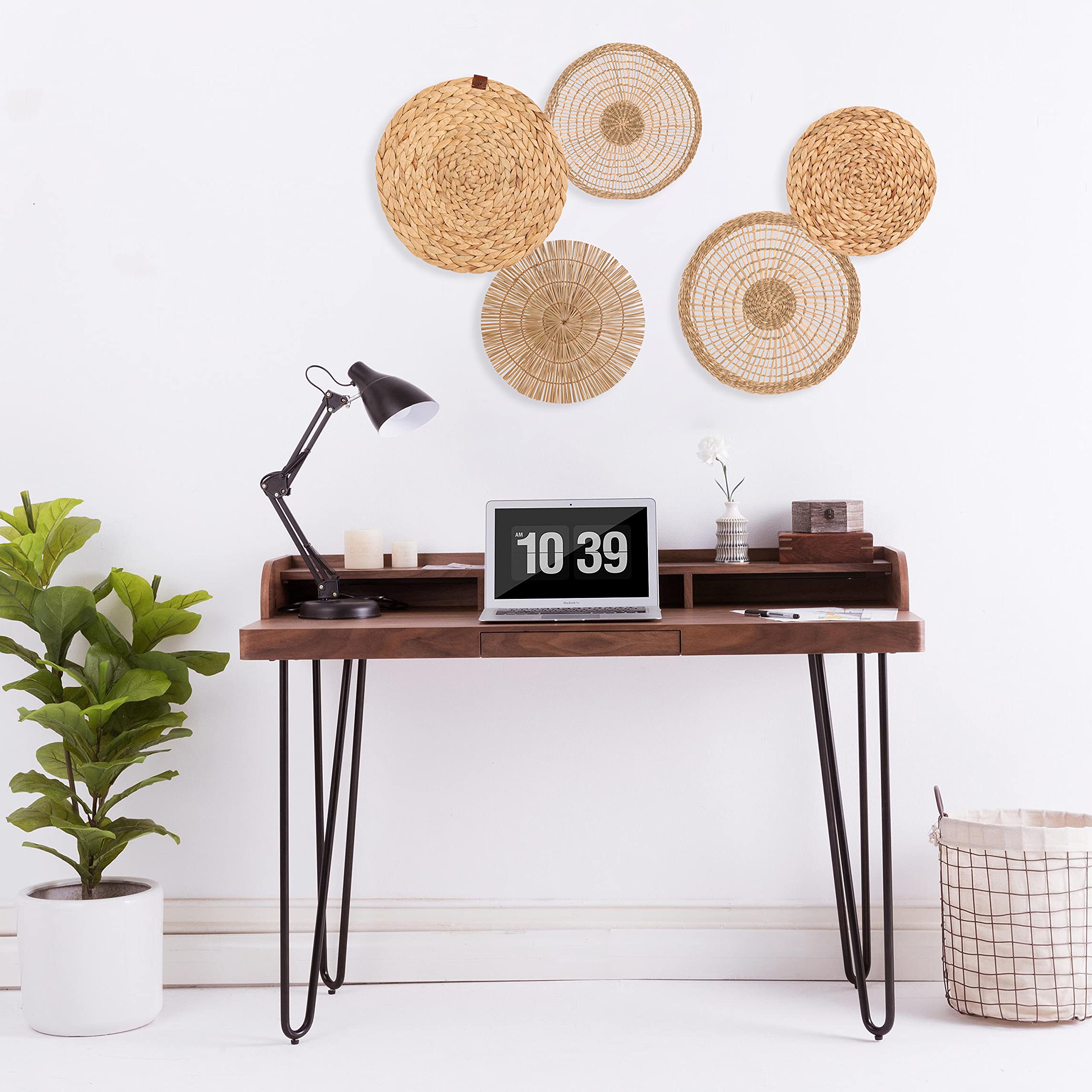 Boho Woven Wall Baskets Set of 5 - Rattan Decor for Home & Office