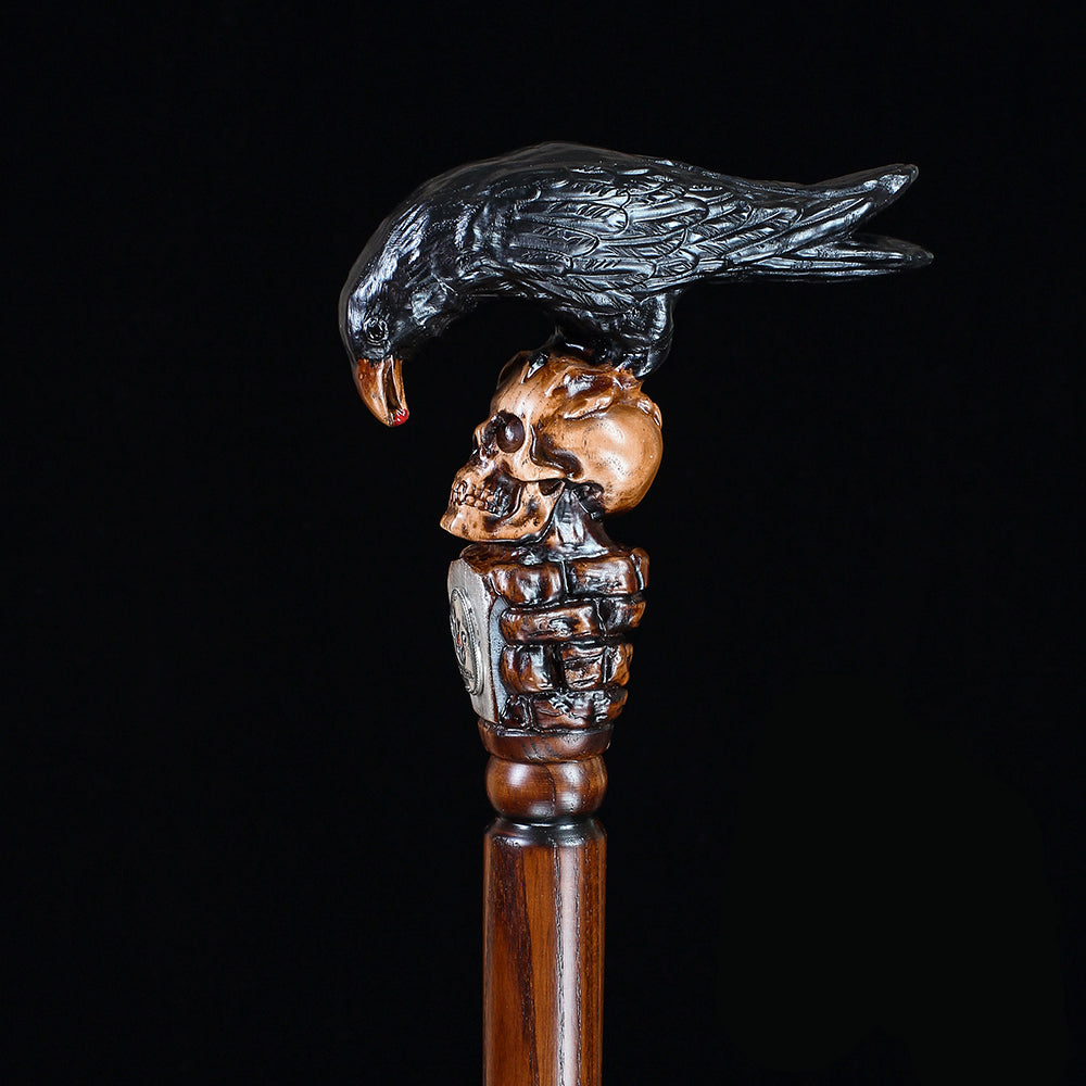 Handcarved Black Crow & Skull Walking Cane - Unique Gothic Wooden Cane for Men & Women - Perfect for Cosplay, Halloween, Steampunk Fashion and Collector's Display
