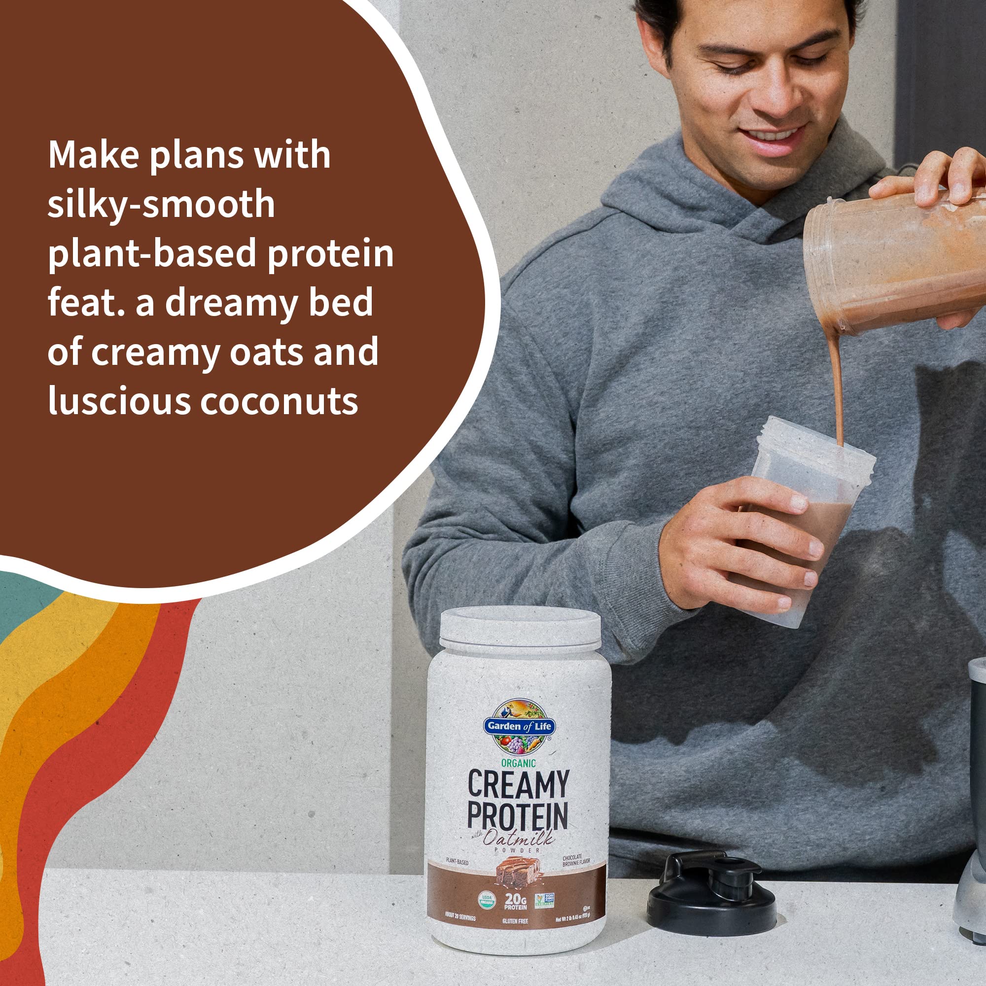 Garden of Life Creamy Organic Vegan Protein Powder with OatMilk - 20g Complete Plant-Based Protein, Coconut Water, MCTs, Sprouted Grains, Prebiotics & Probiotics - Gluten-Free Chocolate Brownie Flavor (2 LBS) | Perfect for Post-Workout Recovery, Smoothies & Healthy Breakfasts