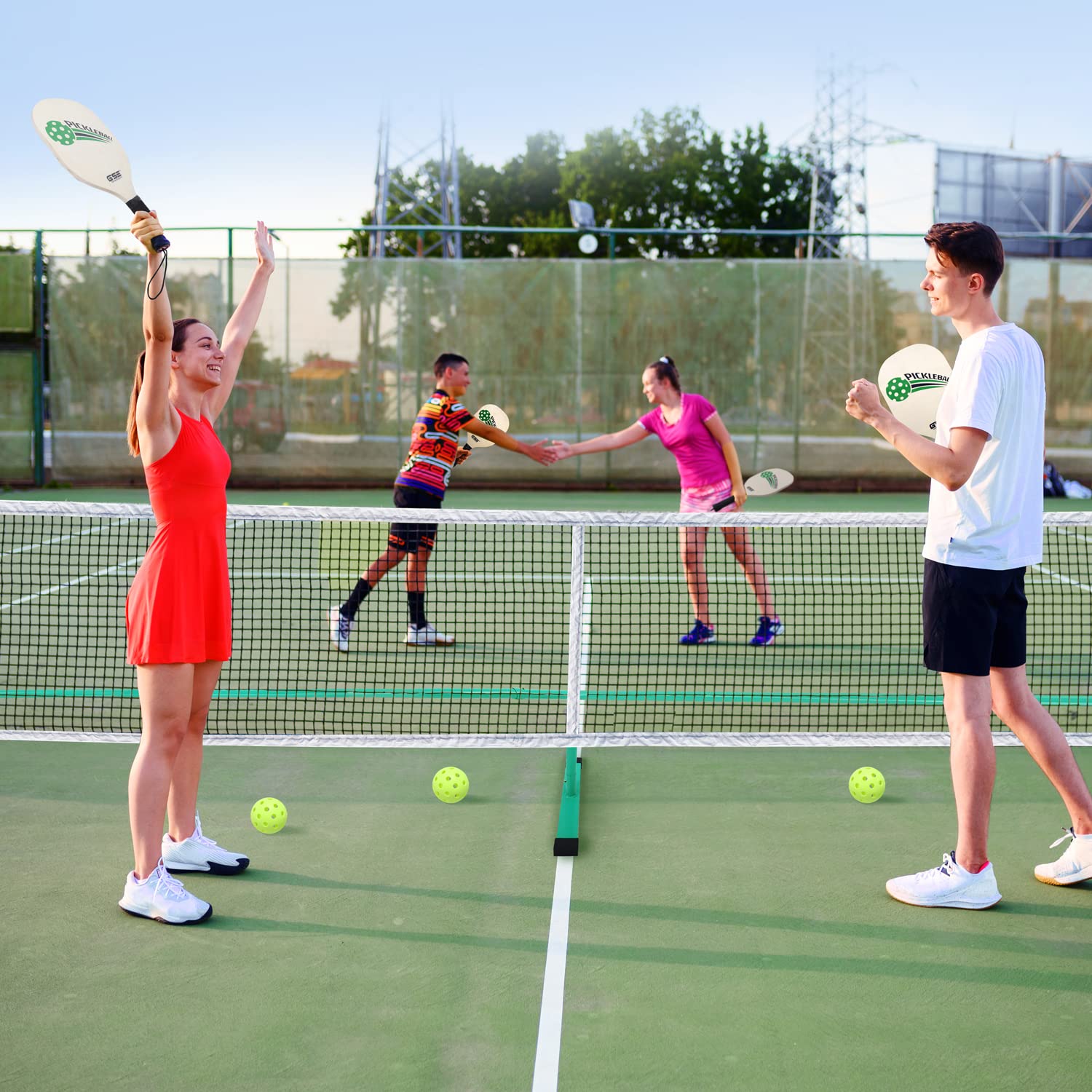 GSE Games & Sports Expert Portable Pickleball Net Set - Regulation Size Net, 4 Paddles, 6 Balls & Carry Bag - Weatherproof Metal Frame for Outdoor Play - Perfect for Backyard, Park & Beach Pickleball Games