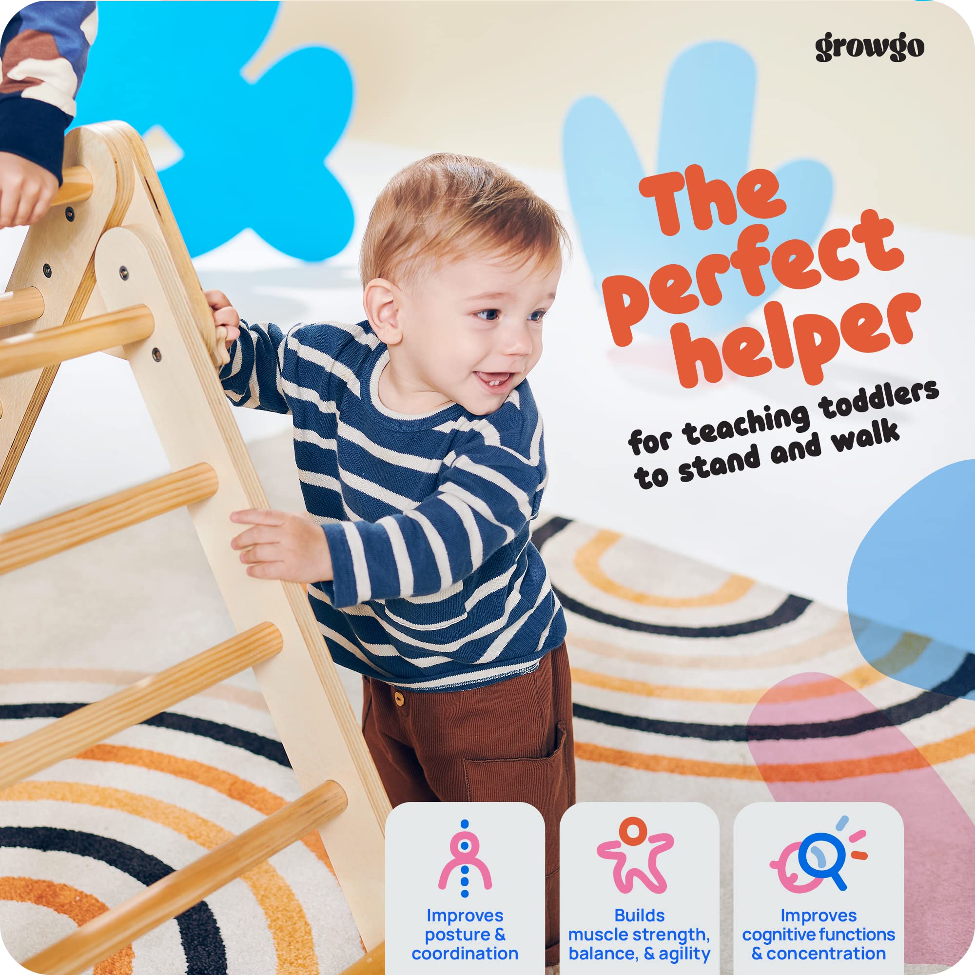 GROWGO Pikler Triangle Climber with Ramp - Montessori Wooden Climbing Toy Set for Toddlers 1-3 Years | Indoor Play Gym for Kids | Safe & Sturdy Baby Climbing Equipment | Perfect for Home, Daycare & Montessori Classrooms