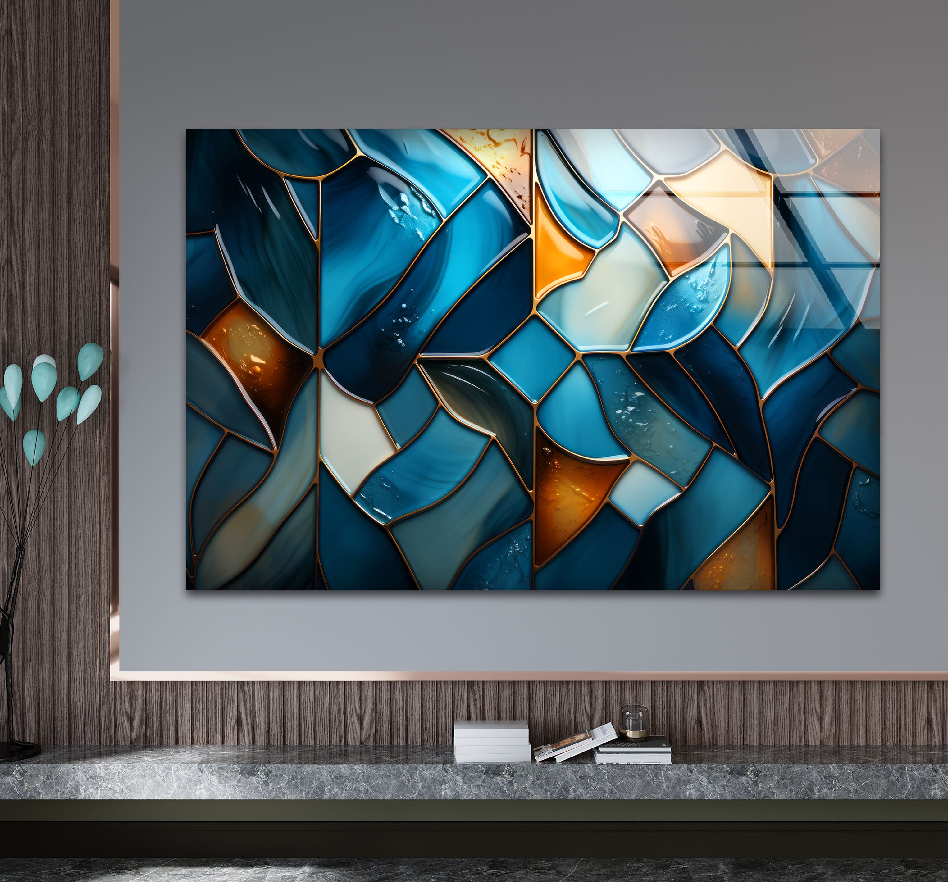 Blue Stained Glass Wall Art - Abstract Mosaic Glass Print Decor for Living Room, Bedroom & Office | Handmade Modern Home Decor