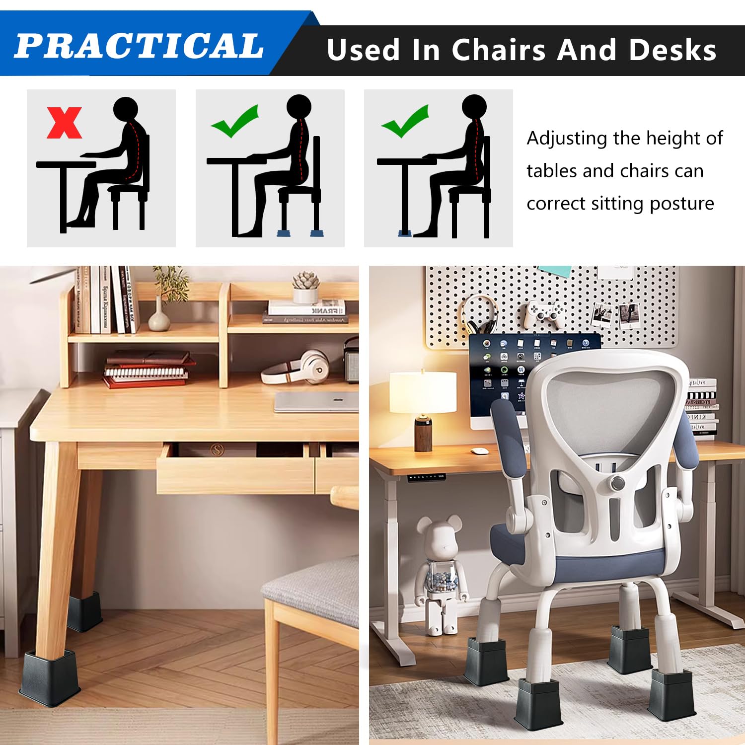 Heavy Duty Adjustable Bed Risers 3-7 Inch - L Shape Furniture Risers for Beds, Tables, Couches, Sofas, Desks & Cabinets (Black) - Perfect for Home, Office & Dorm Room Organization & Space Saving