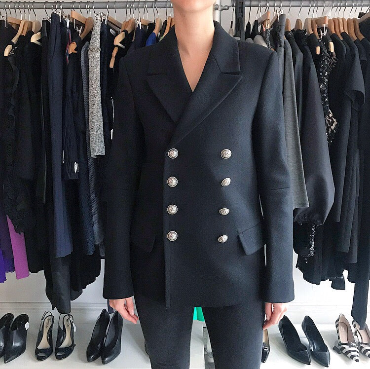 Balmain Black Wool Pea Coat with Silver Buttons - Slim Fit Winter Coat for Women | Elegant Outerwear for Office, Party & Formal Events