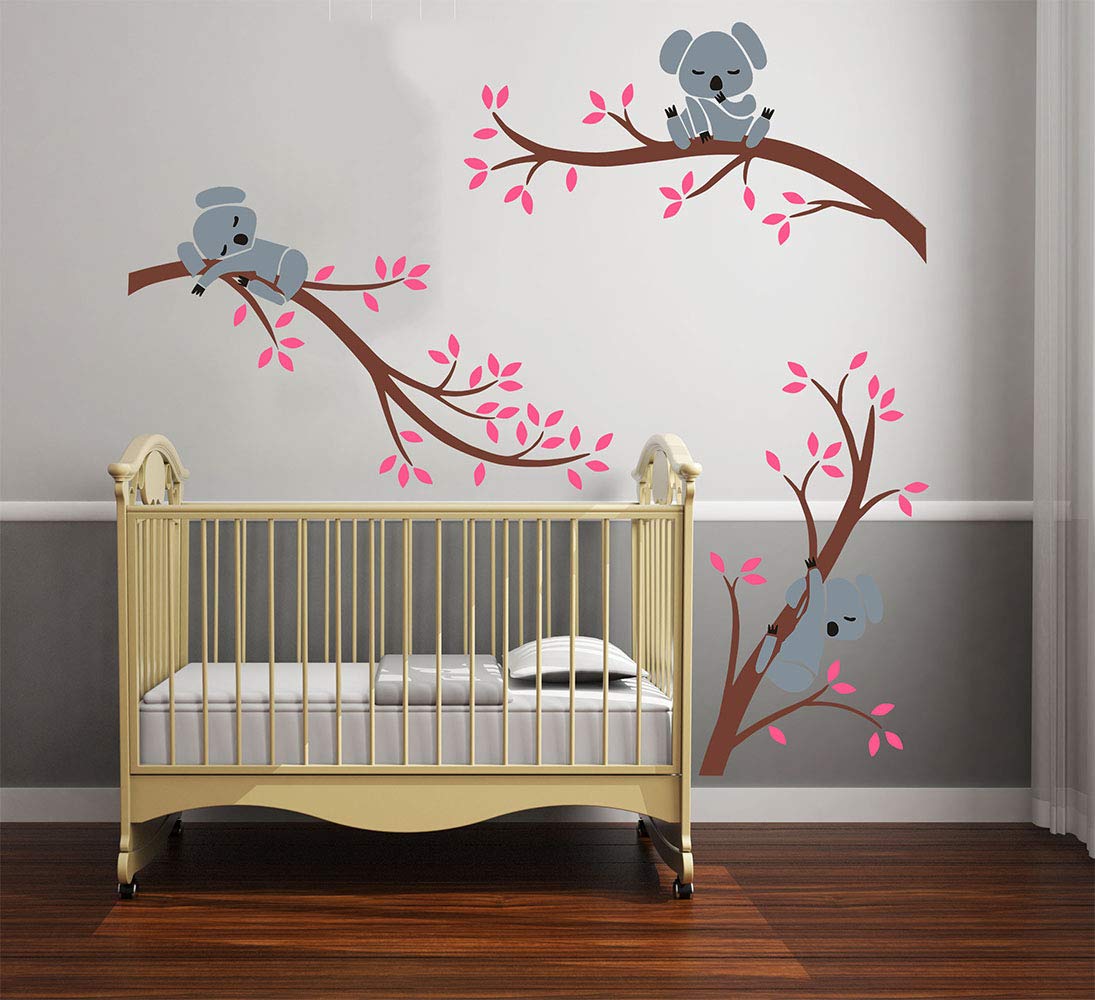 Three Koalas Tree Branches Wall Decal Sticker - Nursery & Kids Room Decor in Brown & Pink | Easy Peel & Stick Wall Art for Baby Girl & Boy Bedroom