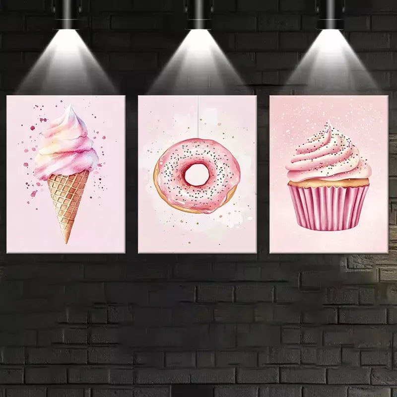3-Piece Delicious Funny Pink Donut Ice Cream Muffin Art Set - 50x70cm Framed Canvas Wall Art | High Quality Print | 100% Australian Made | Ready to Hang | Perfect for Kitchen Decor, Cafe Wall Art & Sweet-Themed Room Decor