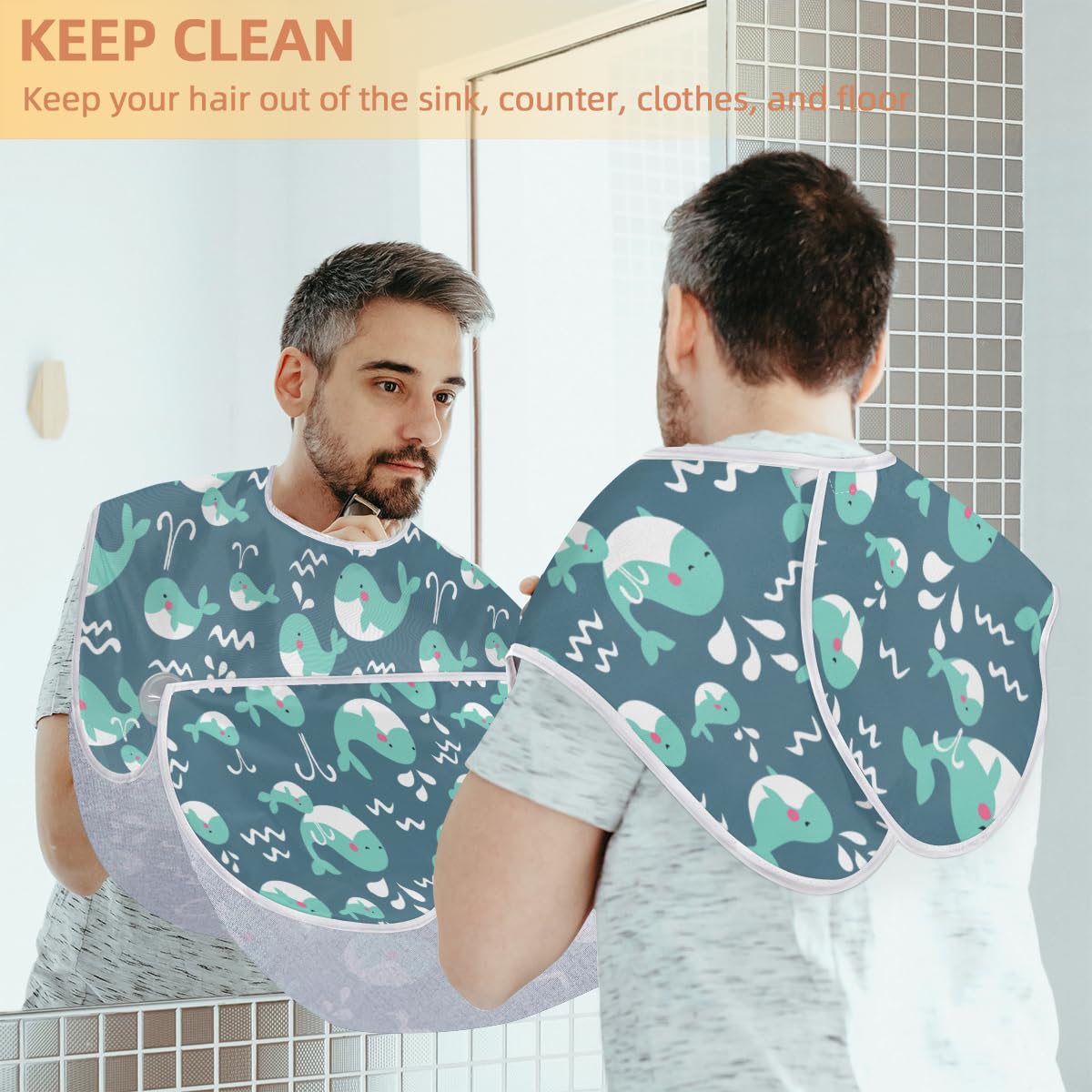 Funny Whale Spray Water Beard Bib for Men - Non-Stick Shaving Apron with Suction Cups - Hair Catcher Grooming Cape for Dad & Husband - Perfect Birthday Gift for Beards & Wet Shaving at Home