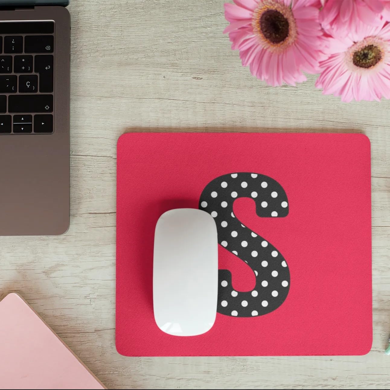 Personalized Pink Polka Dot Mousepad with Initial Letters - Non-Slip Rubber Desk Accessory for Home Office, Gaming, Work, Computer, Desktop & Laptop Use