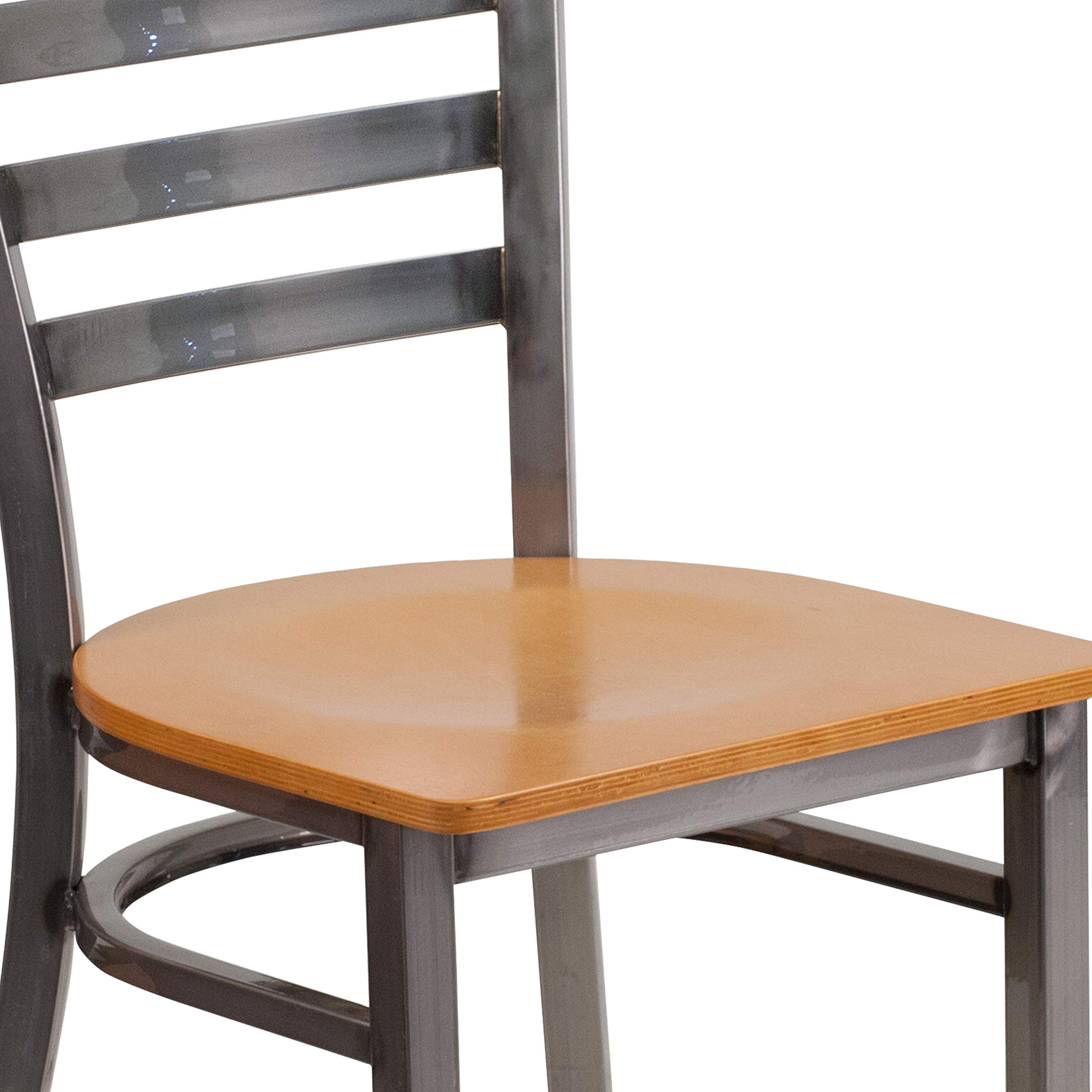 EMMA + OLIVER Clear Coated Ladder Back Metal Dining Chair with Natural Wood Seat - Modern Kitchen & Dining Room Furniture for Home, Restaurant & Cafe Use