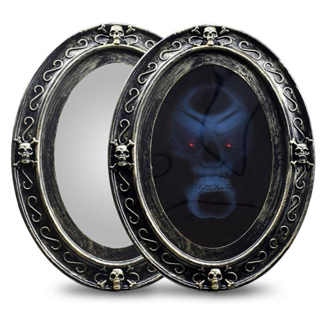 1pc Halloween Scary Picture Frame - Black Oval Speaking Mirror with Motion Sensor for Haunted House Decor | Spooky Home & Party Decoration