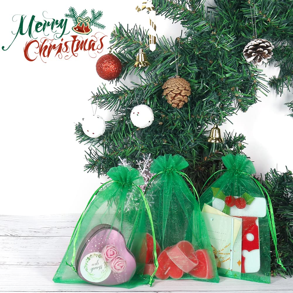 100pcs 5x7 Inch Green Organza Drawstring Bags - Mesh Gift Pouches for Jewelry, Christmas Candy & Party Favors - Perfect for Wedding, Baby Shower & Birthday Gifts