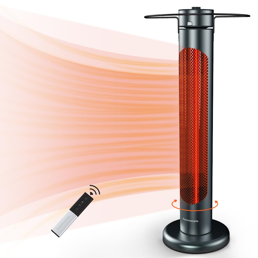 Thermomate 1500W Electric Patio Heater with Remote Control - IP65 Waterproof Outdoor/Indoor Infrared Heater, 8 Heating Levels, 8-Hour Timer & Oscillation, Tip-Over Protection - Perfect for Garage, Backyard, Restaurant, and Patio Use