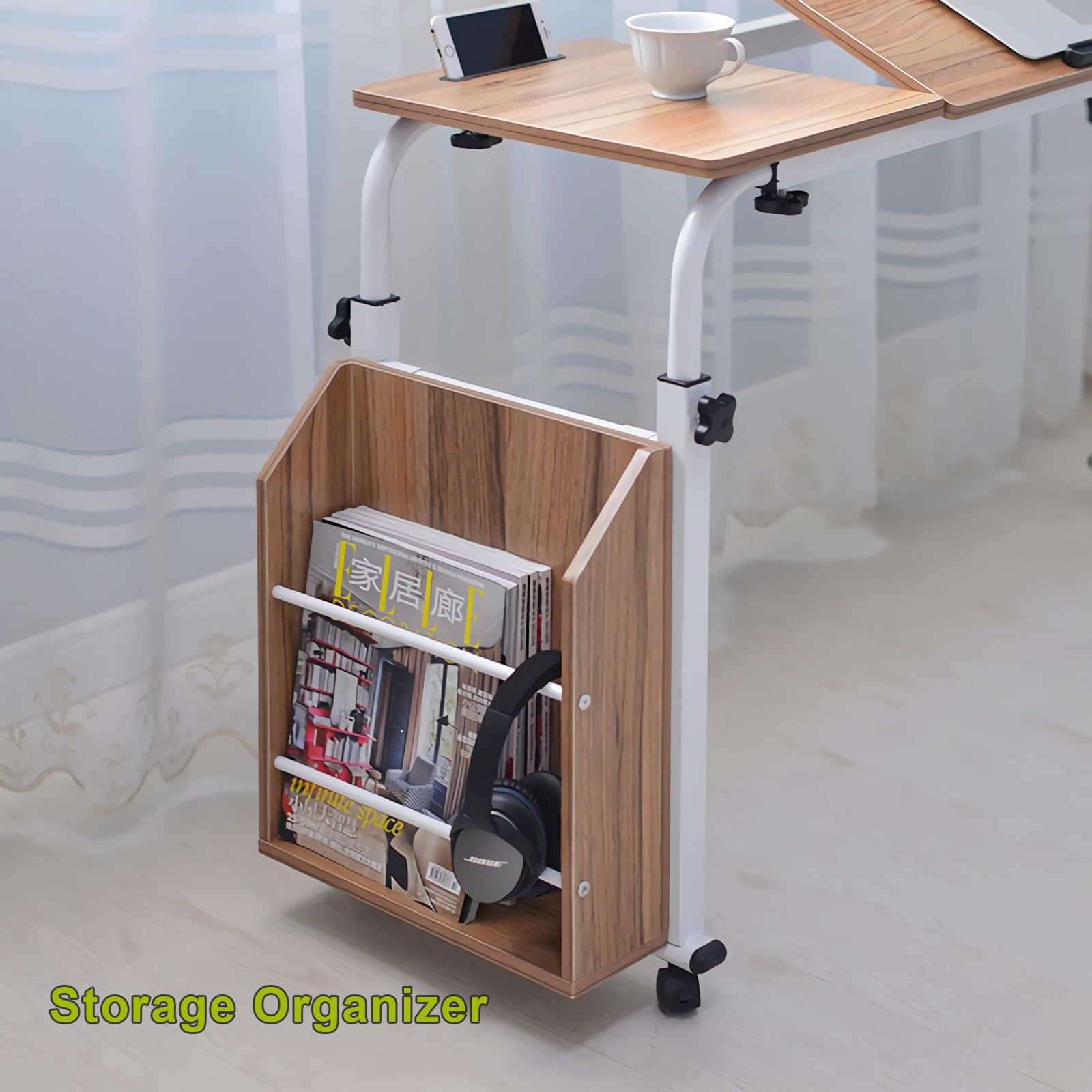 Adjustable Overbed Table with Wheels - Mobile Laptop Desk Cart with Tilt Stand & Storage Shelf - Rolling Tray Table for Hospital, Home Office, Bedroom (White, 31