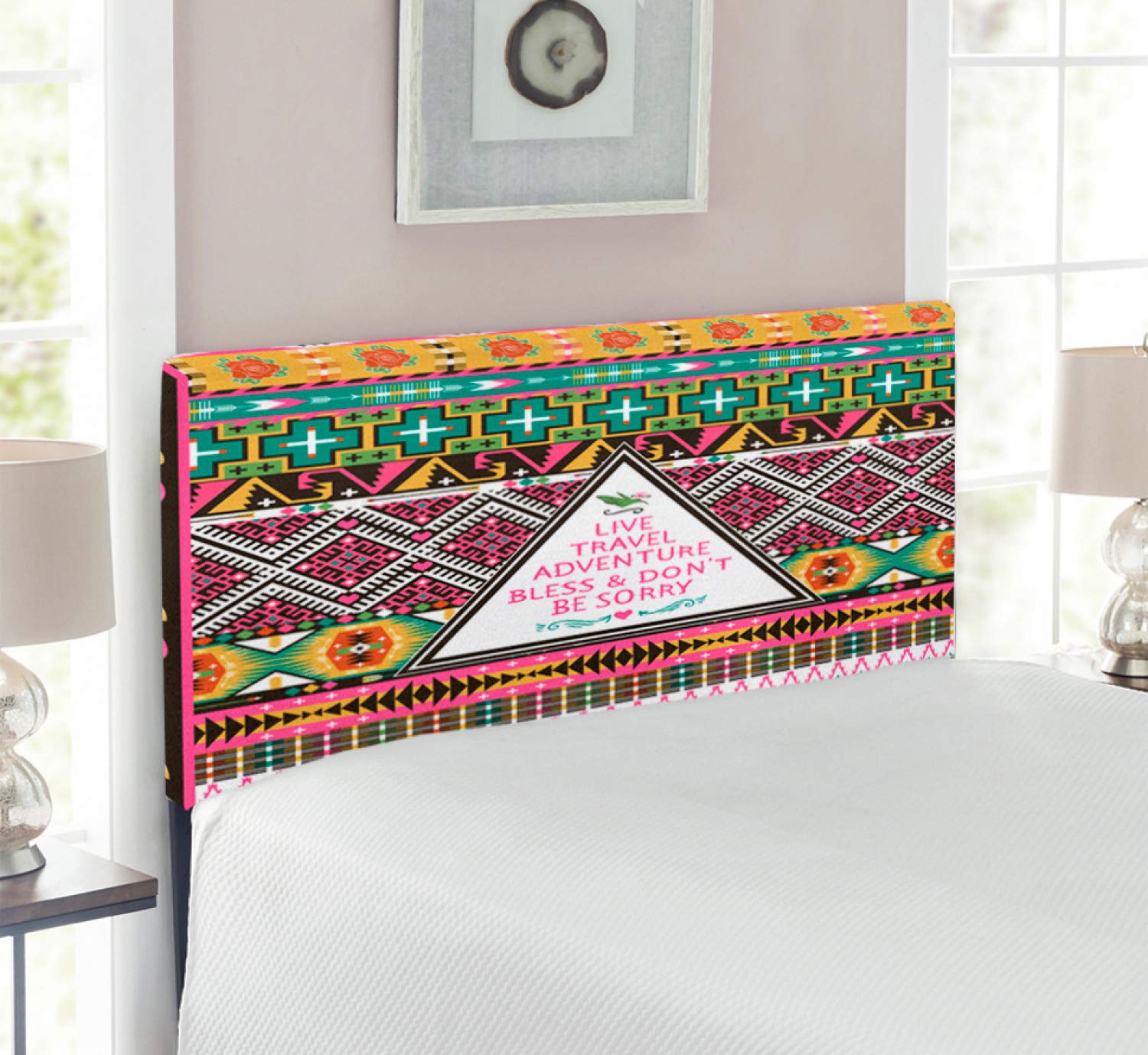Ambesonne Ethnic Bohemian Headboard - Twin Size Upholstered Decorative Metal Bed Frame with Memory Foam in Pink & Brown | Geometric Folkloric Design for Bedroom Decor, Guest Room, Dorm & Apartment
