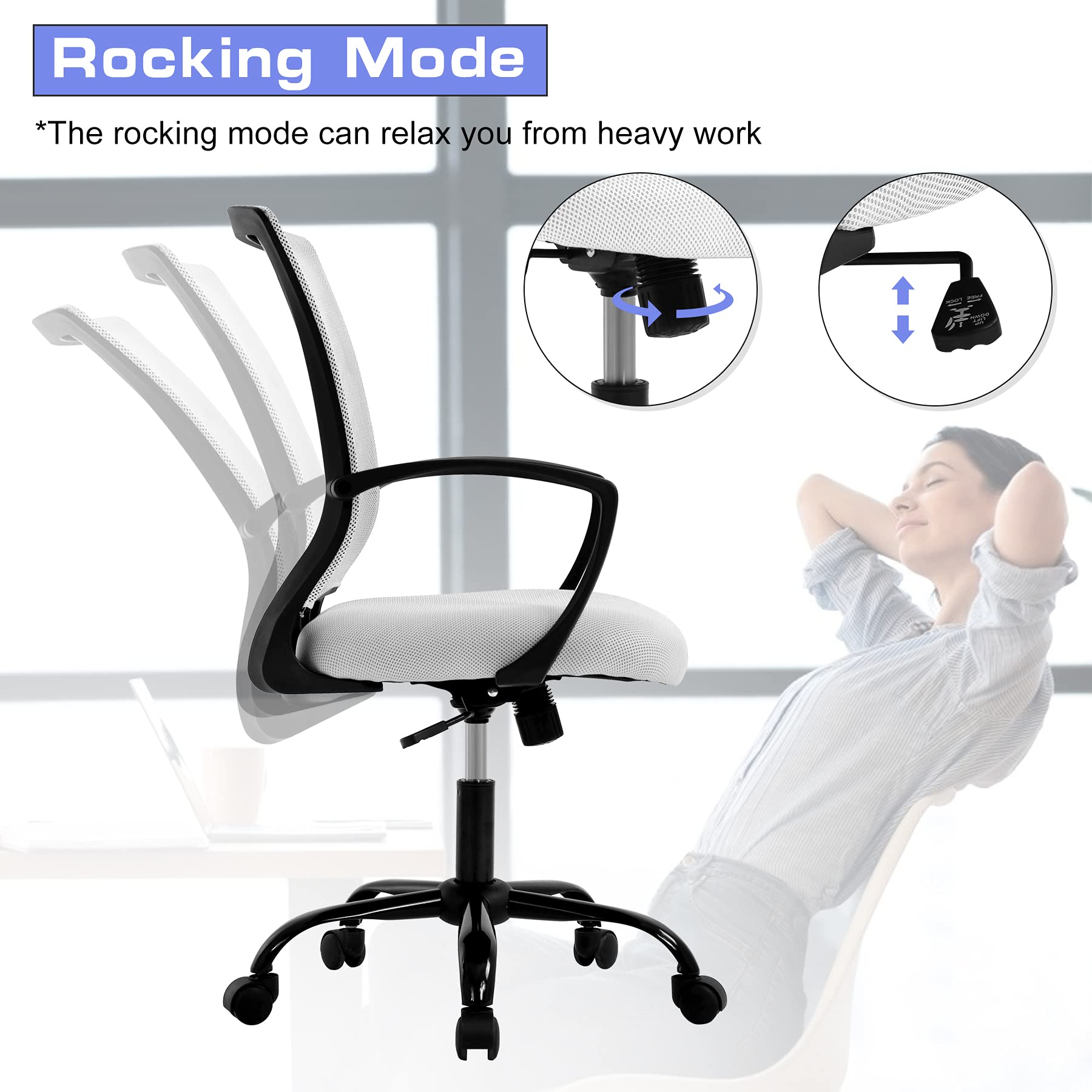 Ergonomic Office Chair with Lumbar Support - Adjustable Height Mesh Computer Desk Chair, Swivel Rolling Task Chair for Home Office & Gaming - Comfortable Mid Back Support & Armrests (White) - Perfect for Long Work Hours, Online Meetings, and Gaming Sessions