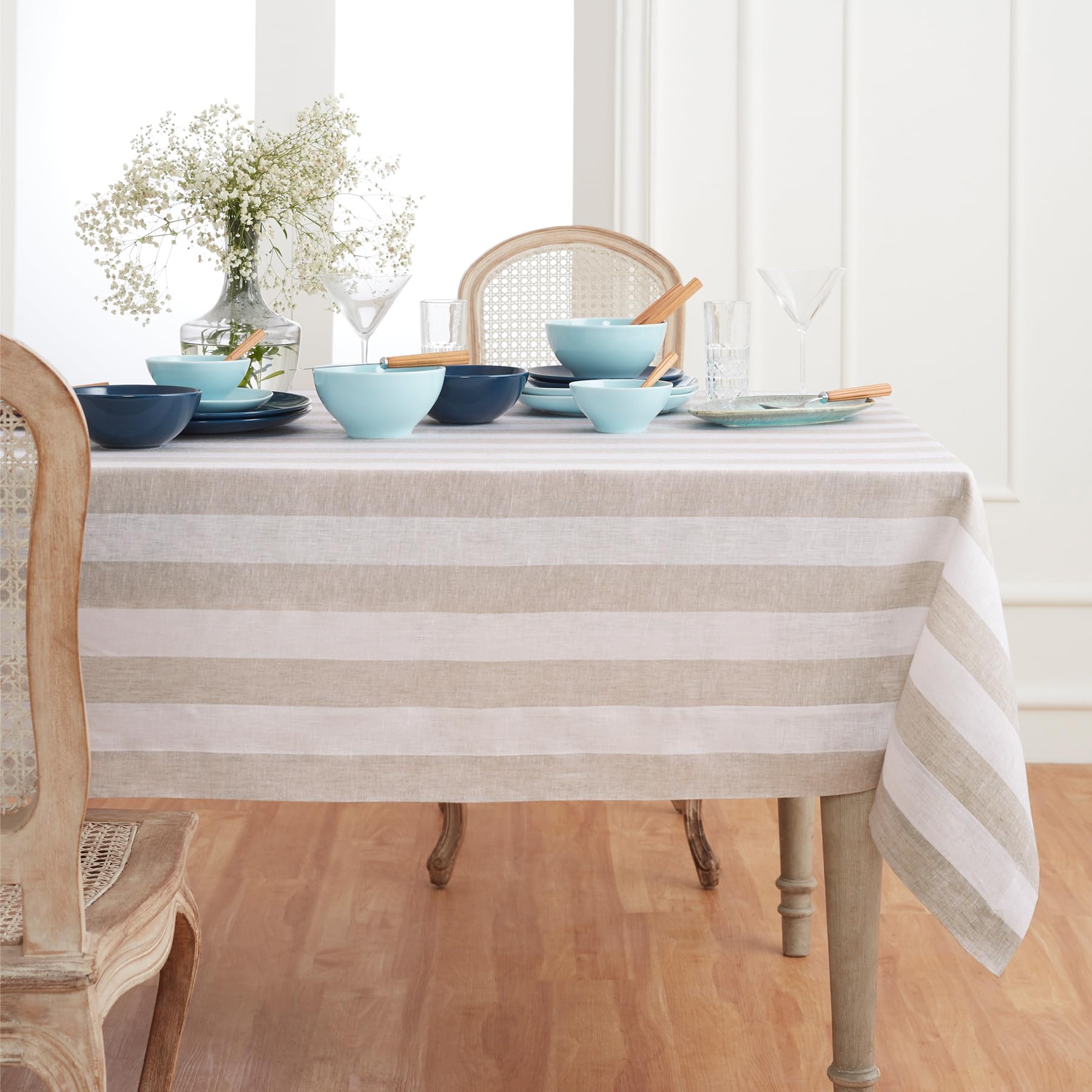 Solino Home 100% Pure Linen Tablecloth - Natural & White Cabana Stripe (60x120 Inch) | Machine Washable Handcrafted Table Cover | Perfect for Spring Decor, Easter, Mother's Day & Outdoor Dining