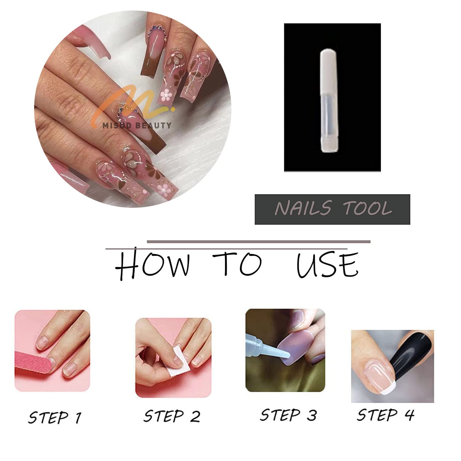 24pcs MISUD Long Press on Nails - Coffin Fake Nails with Rhinestone & Glitter, Acrylic Glossy Glue on Bling Artificial False Nails - Red Brown French Tip Flower Designs for Parties, Weddings & Special Occasions