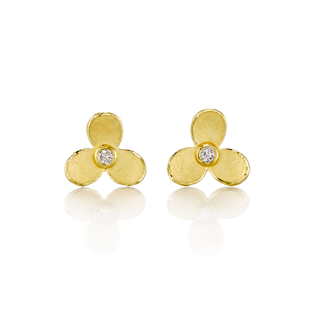 Trillium & Diamond Stud Earrings for Women - 14K Gold Flower Earrings with Genuine Diamonds - Perfect for Weddings, Anniversaries & Special Occasions