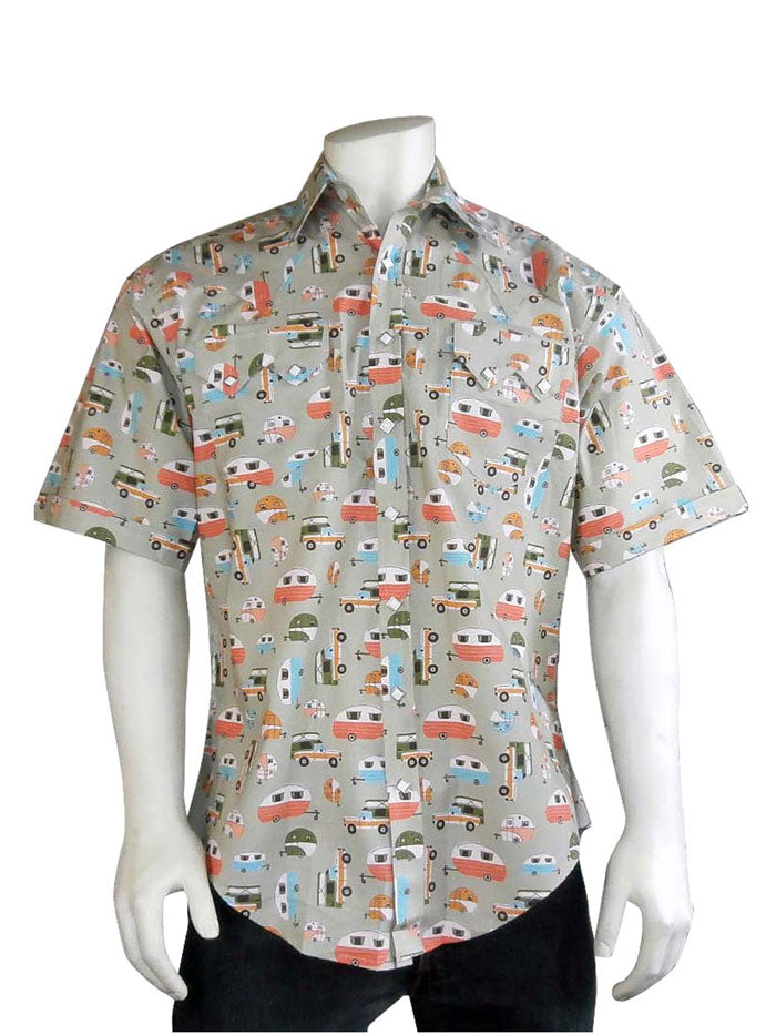 Rockmount 1646 Men's Retro Campers Print Short Sleeve Western Shirt - Vintage Style Button Up Shirt for Men - Green Plaid Casual Shirt for Outdoor Adventures & Country Music Festivals