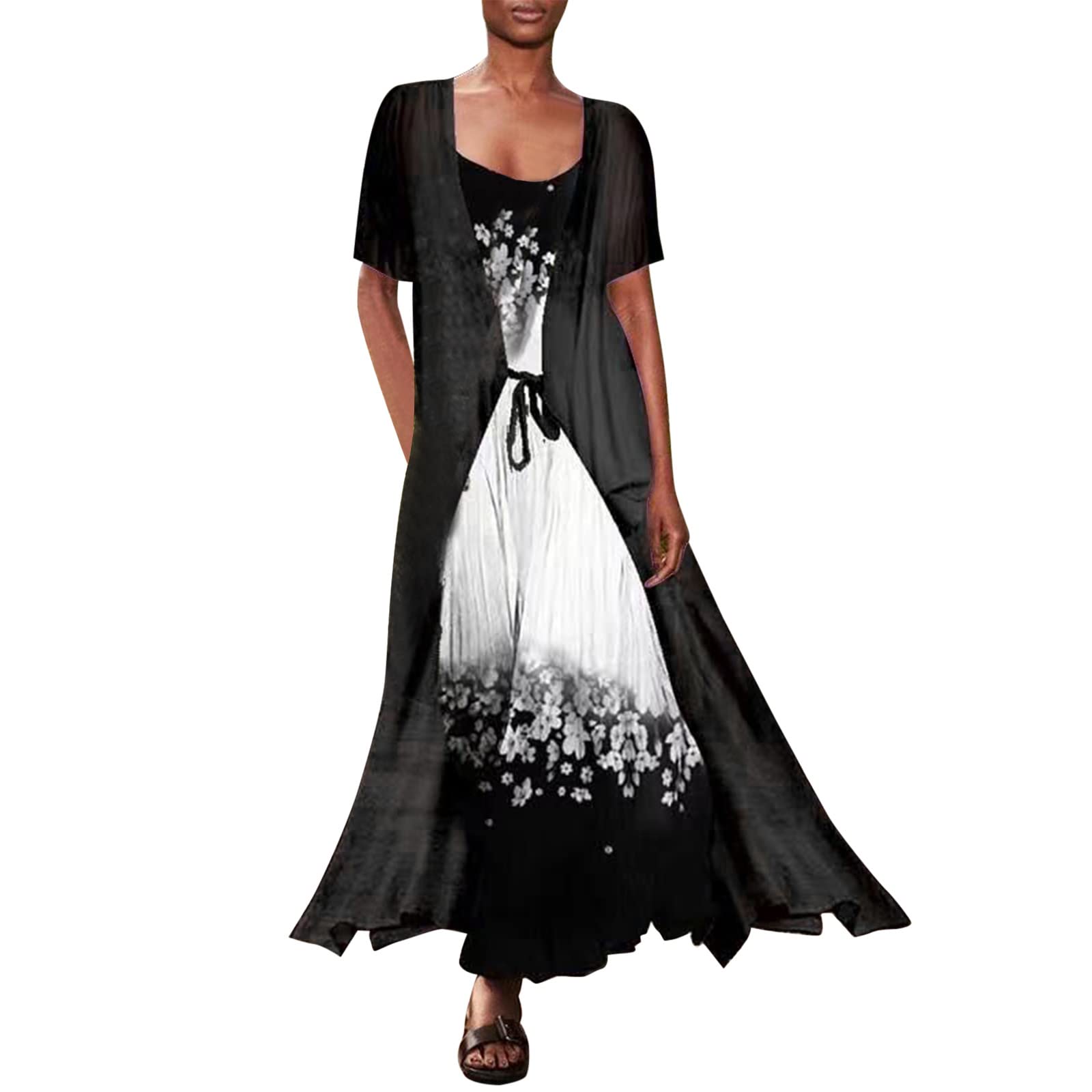 Women's Summer Casual Loose Print Dress with Sling & Belt - Round Neck Short Sleeve Tulle Cardigan Two-Piece Set | Perfect for Beach Vacation, Date Night, and Outdoor Parties