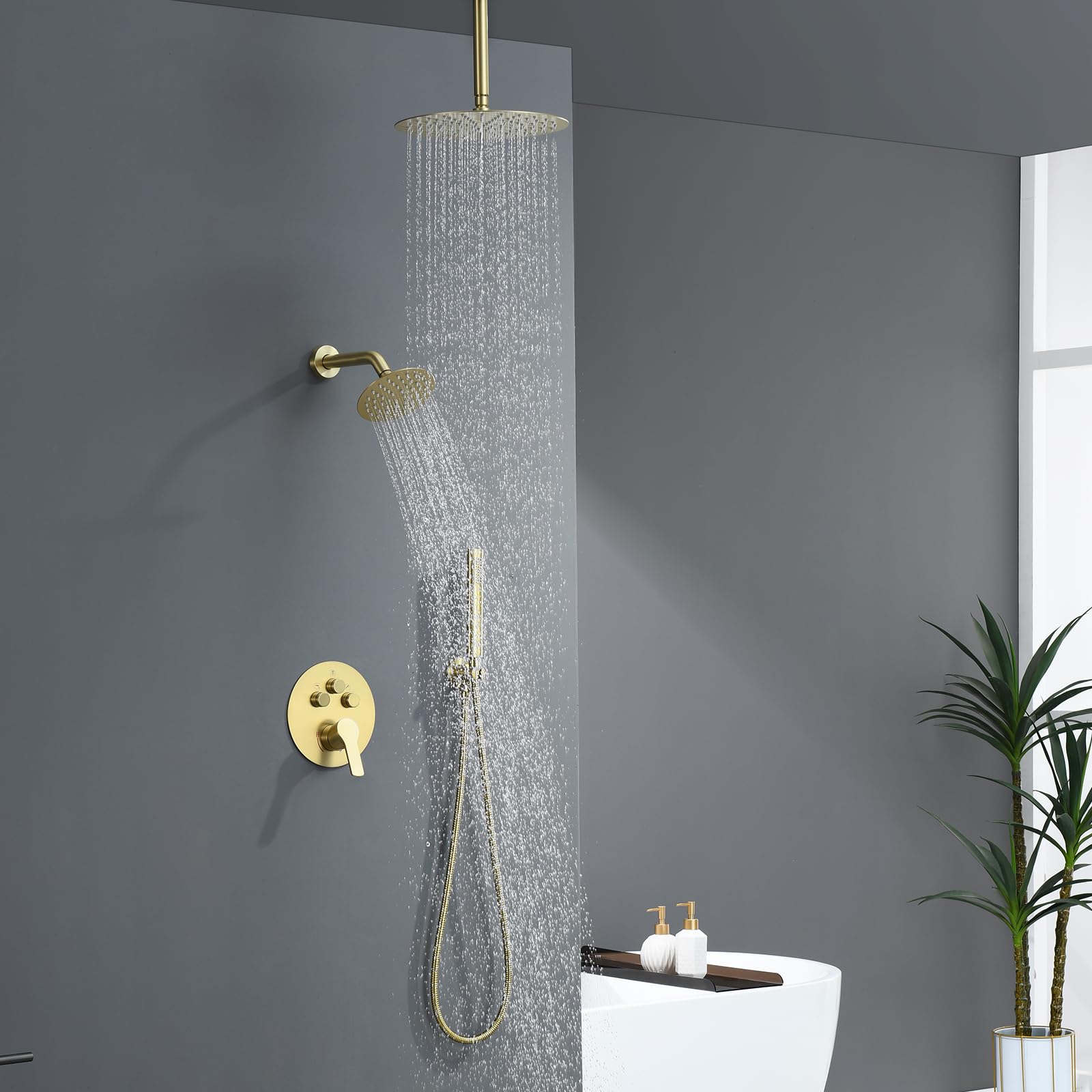 Brushed Gold Shower Faucet Set - 12 Inch Luxury Rain Shower System with Handheld Sprayer & Brass Valve | Modern Bathroom Fixture for Spa-Like Experience