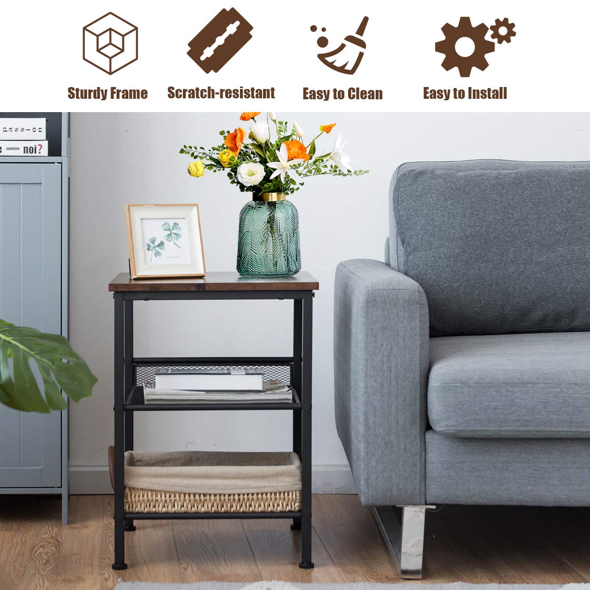 Safeplus End Table - 2 Tier & 3 Tier Modern Side Tables with Metal Mesh Storage | Industrial Nightstands for Living Room & Bedroom | Perfect for Small Spaces, Apartments & Dorm Rooms