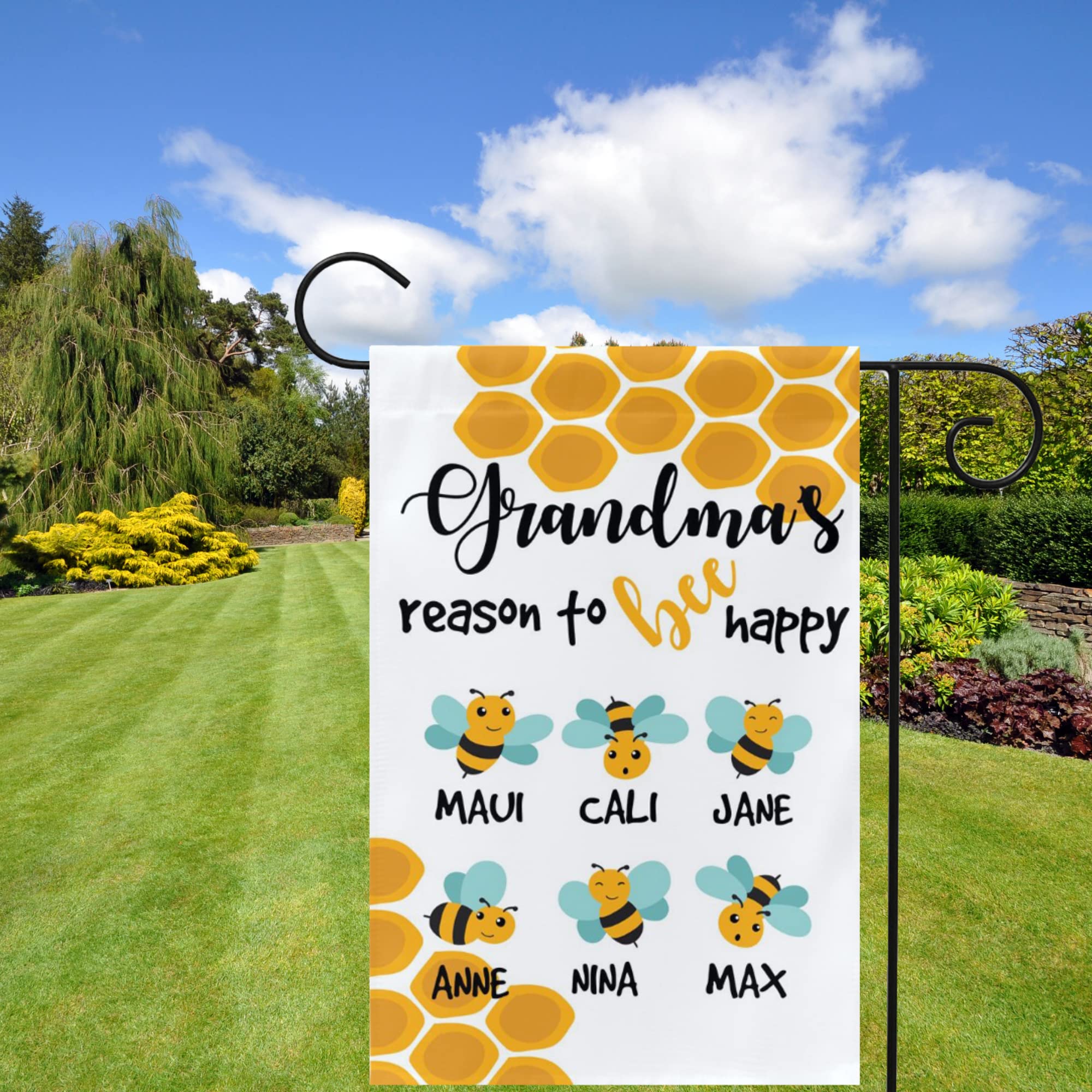 Custom Personalized Grandma's Reason to Bee Happy Yard Flag - Grandkids Names Garden Decoration for Spring & Housewarming - Unique Outdoor Welcome Sign for Front Yard & Porch Decor