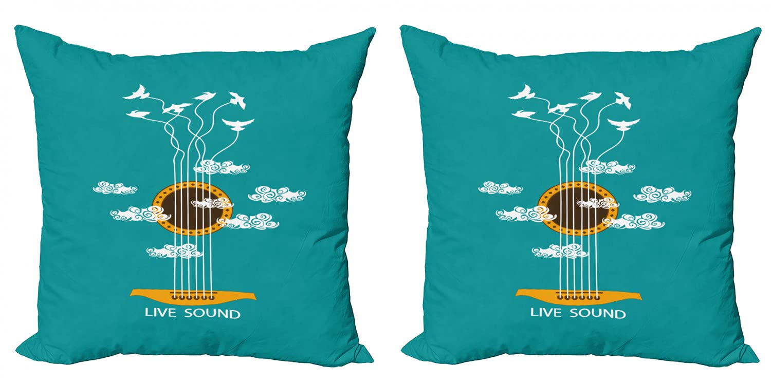 Ambesonne Guitar Themed Throw Pillow Covers - Pack of 2, Abstract Music Design with Birds on Strings & Clouds, Double-Sided Digital Print, Zippered Closure, 20x20 Inches, Turquoise Marigold White - Perfect for Living Room, Bedroom, or Music Lover's Home Decor