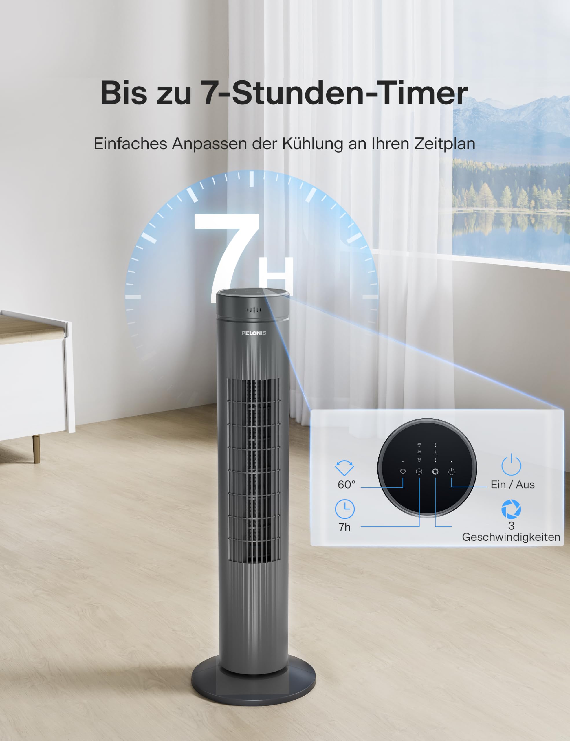 PELONIS Ultra Quiet Tower Fan with Remote Control, 3 Speed Settings, 7-Hour Timer & 3 Modes - Perfect for Bedroom Cooling & Home Office Comfort