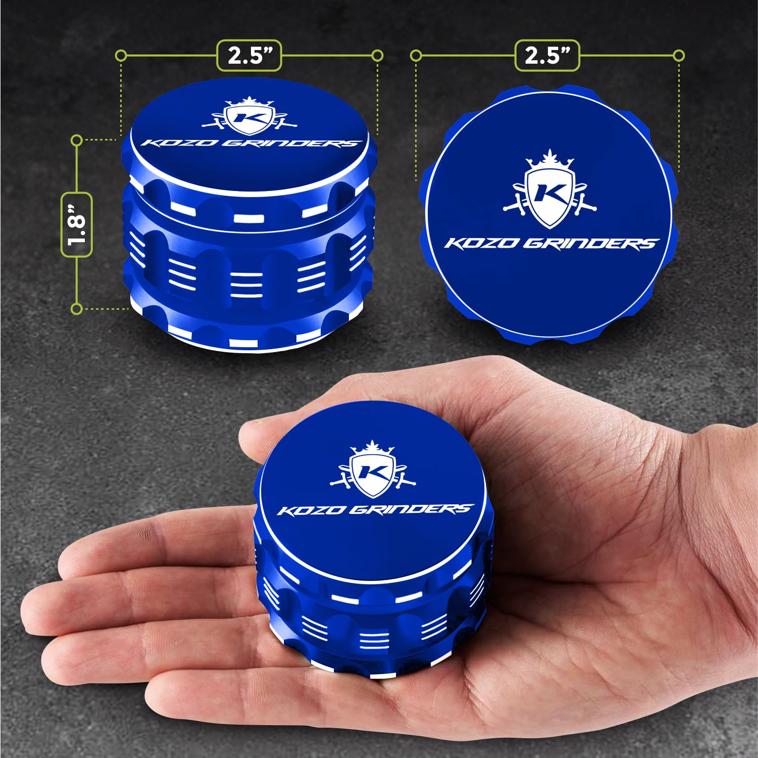 2.5 Inch Herb Grinder - 4 Piece Aluminum Spice Mill with Pollen Catcher (Blue) - Perfect for Grinding Herbs, Spices & Tobacco - Ideal for Cooking, Baking & Smoking Accessories