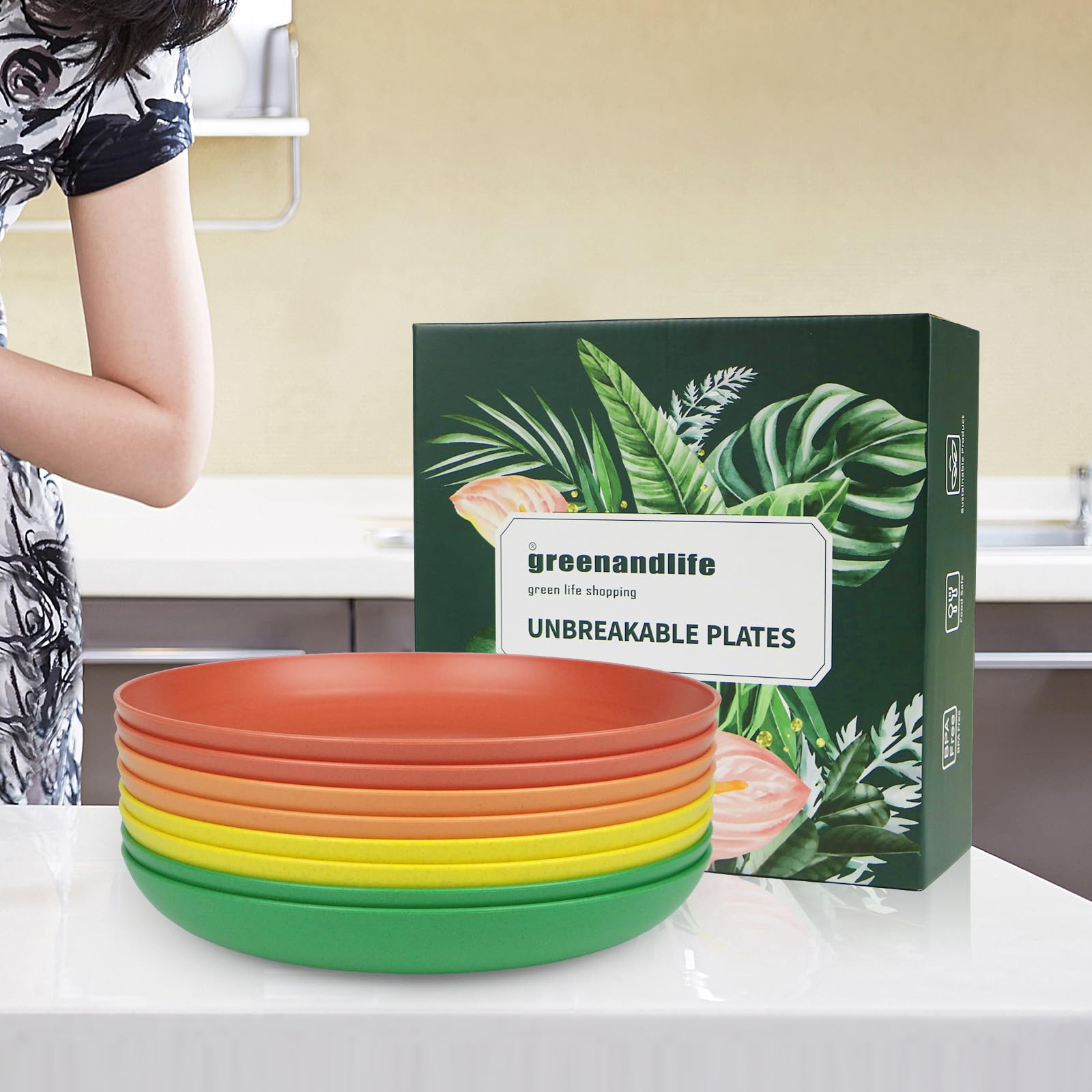 Eco-Friendly 9 Inch 8-Piece Wheat Straw Dinner Plates Set - BPA Free, Microwave & Dishwasher Safe, Unbreakable & Lightweight - Perfect for Kids, Adults, Picnics, Camping & Everyday Use