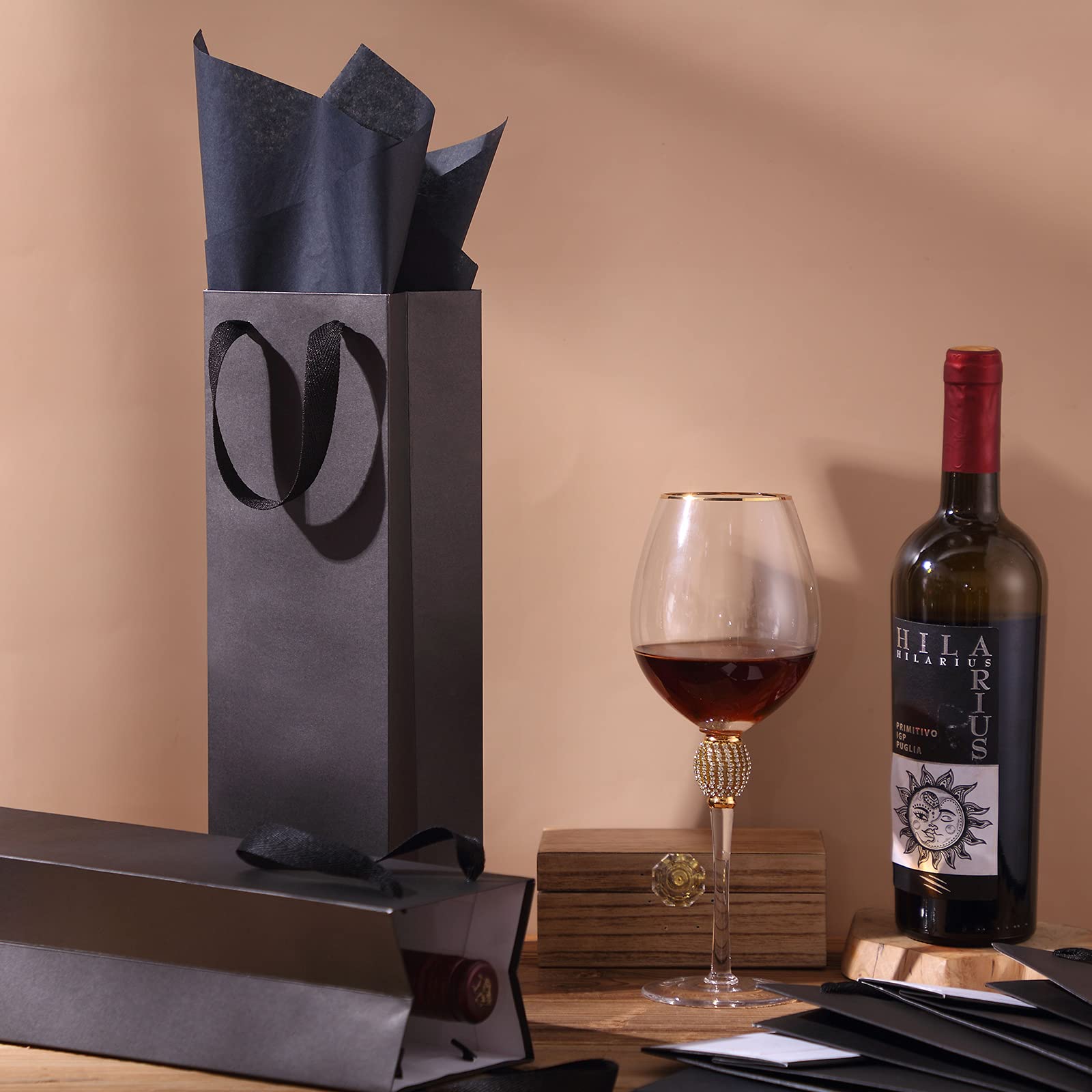 Premium 12-Piece Kraft Wine Gift Bags with Handles & Tissue Paper - 4x3.5x14 Inch Black - Elegant Holiday Wine Packaging for Christmas, Weddings & Special Occasions - Perfect for Gifting Fine Wine, Champagne & Liquor Bottles
