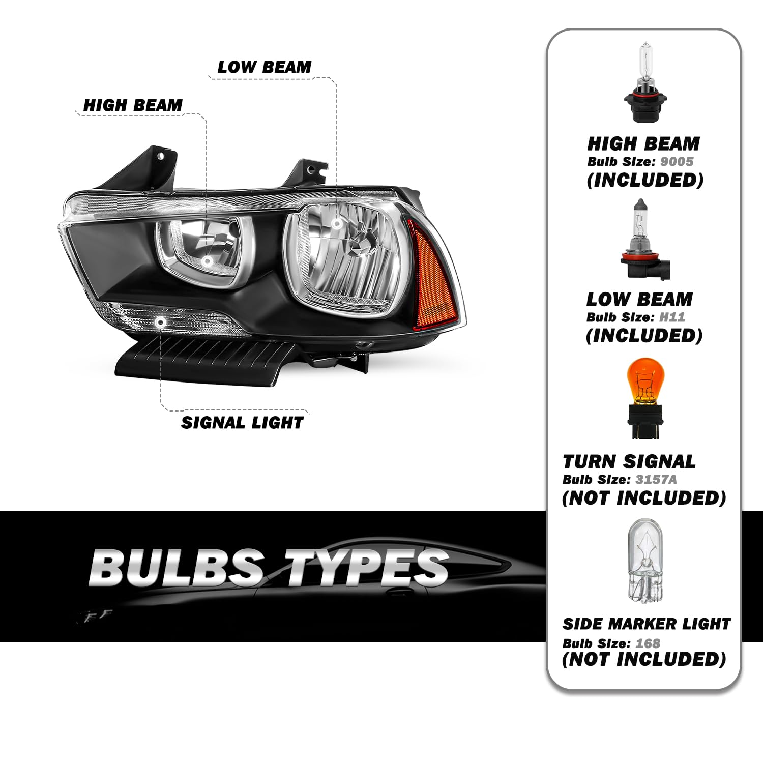 Dodge Charger Headlight Assembly Set - Compatible with 2011-2014 Models, Halogen Replacement Headlamp with Black Housing & Amber Reflector (Includes High/Low Beam Bulbs) - Perfect for Night Driving & Auto Upgrades