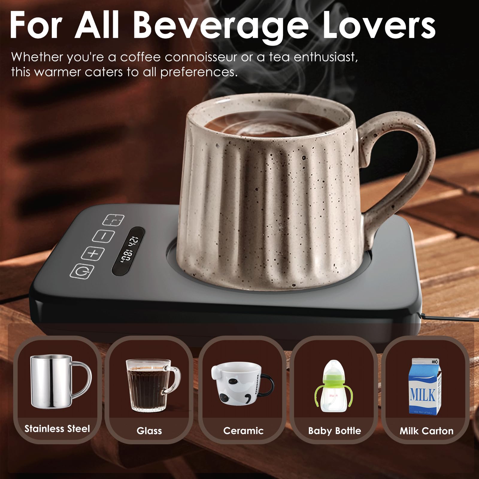 Adjustable Coffee Cup Warmer for Desk (120°F-180°F) with Auto Shut Off (1-12H) - Fast Heating Beverage Warmer for Coffee, Tea & Milk - Perfect for Office, Home & Dorm Use - Black