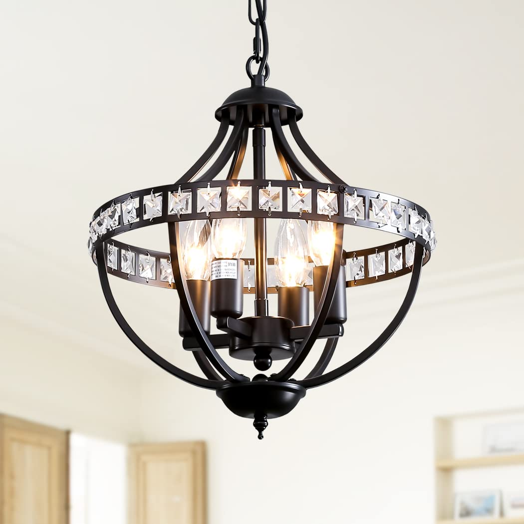 Vintage Black Crystal Chandelier - 4-Light Farmhouse Rustic Pendant Lighting for Kitchen Island, Dining Room, Living Room, Bedroom & Entryway | Elegant Ceiling Fixture for Home Decor & Special Occasions