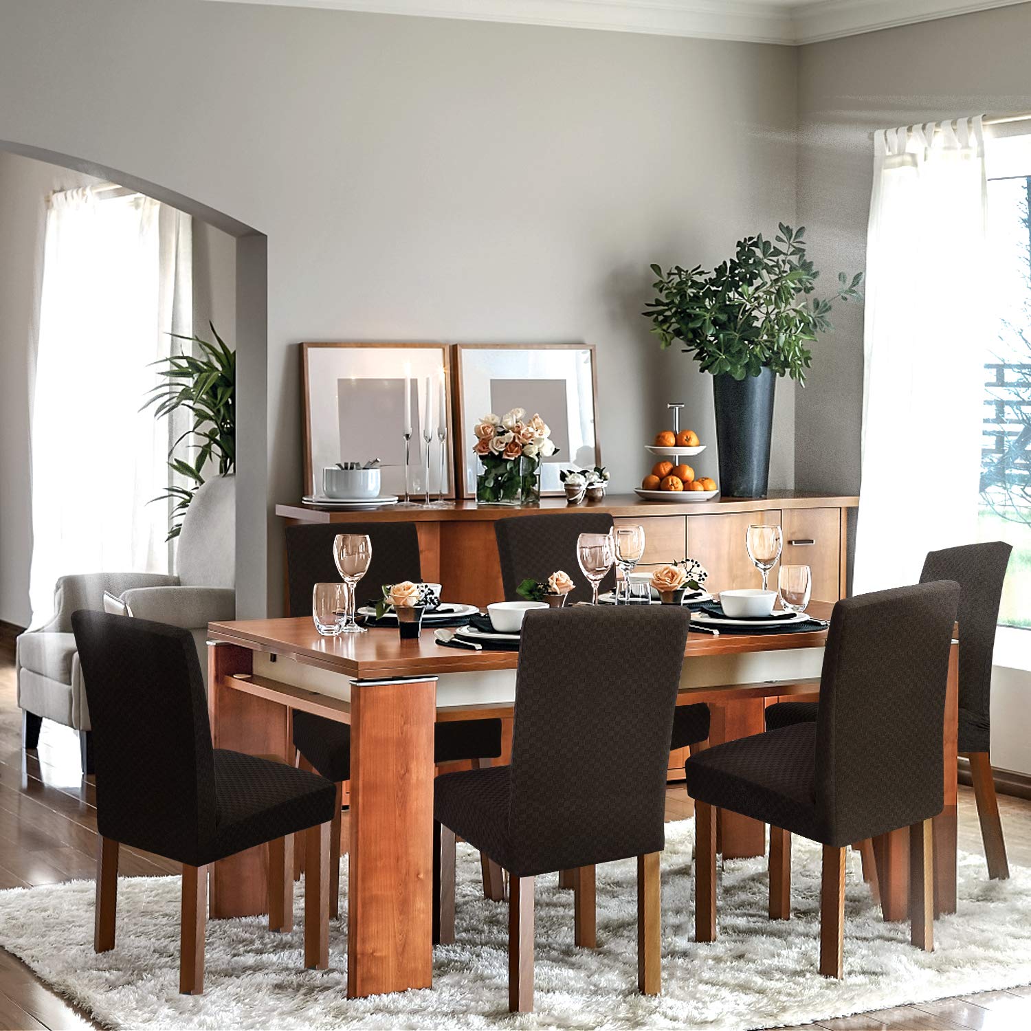 YEMYHOM 2 Pack Checkered Dining Chair Slipcovers - Stretch Parsons Chair Covers for Kitchen, Restaurant, Party - Dark Coffee Furniture Protector for Home & Commercial Use